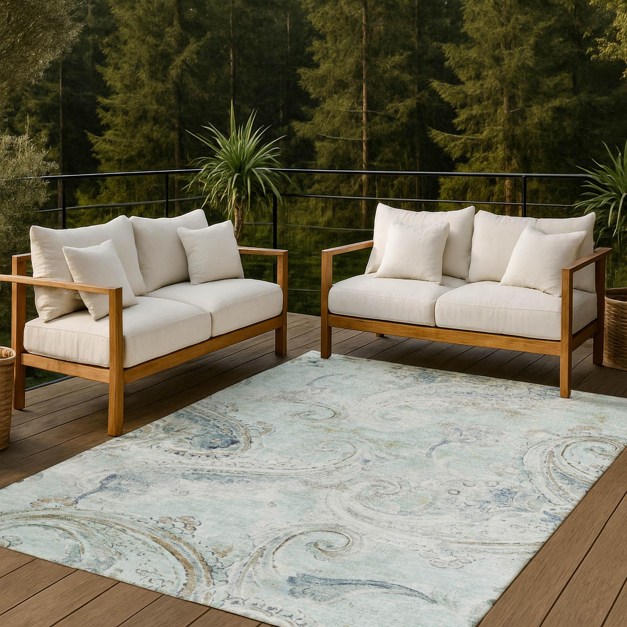 10' X 14' Aqua And Teal Blue Paisley Washable Indoor Outdoor Area Rug Homeroots Outdoor