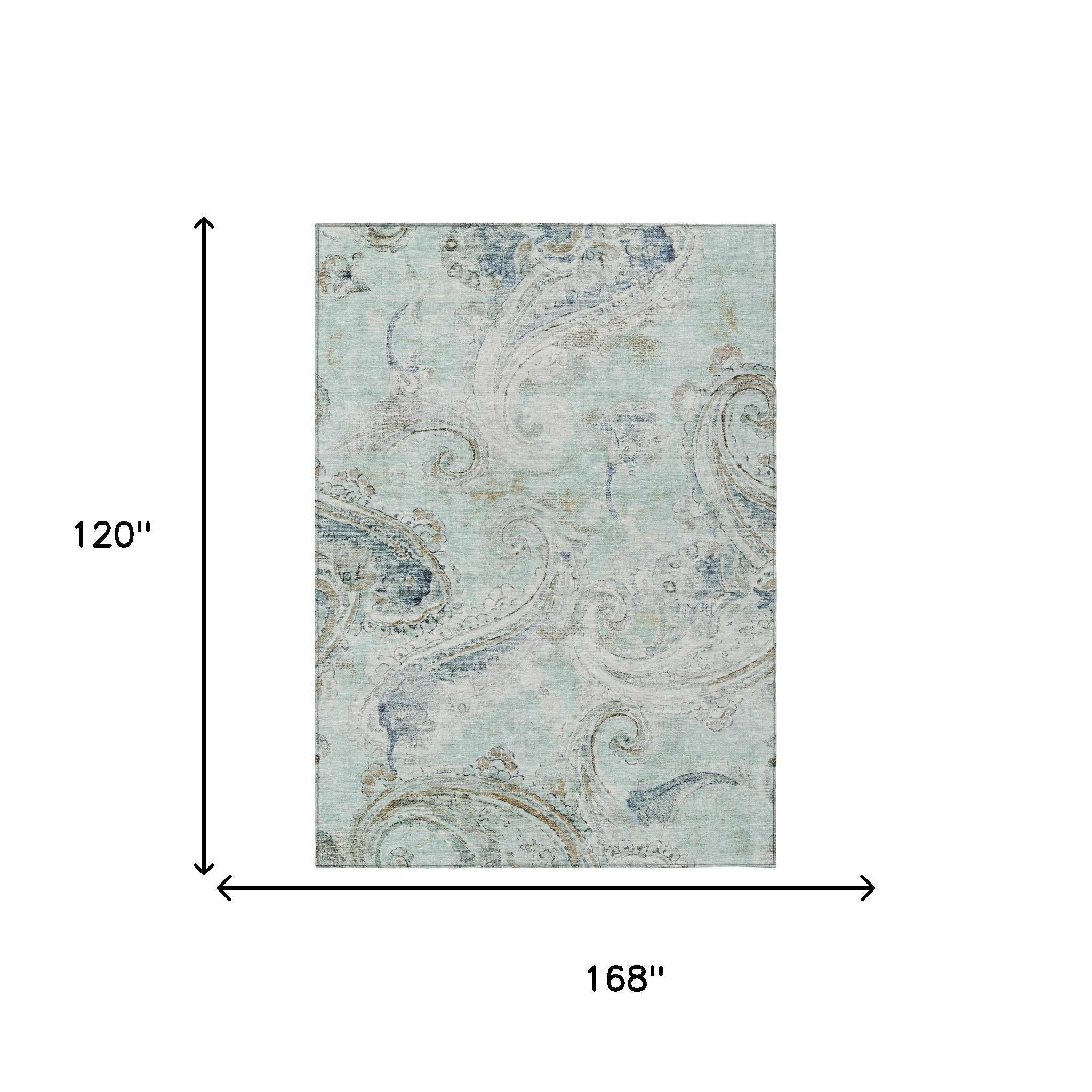 10' X 14' Aqua And Teal Blue Paisley Washable Indoor Outdoor Area Rug Homeroots Outdoor