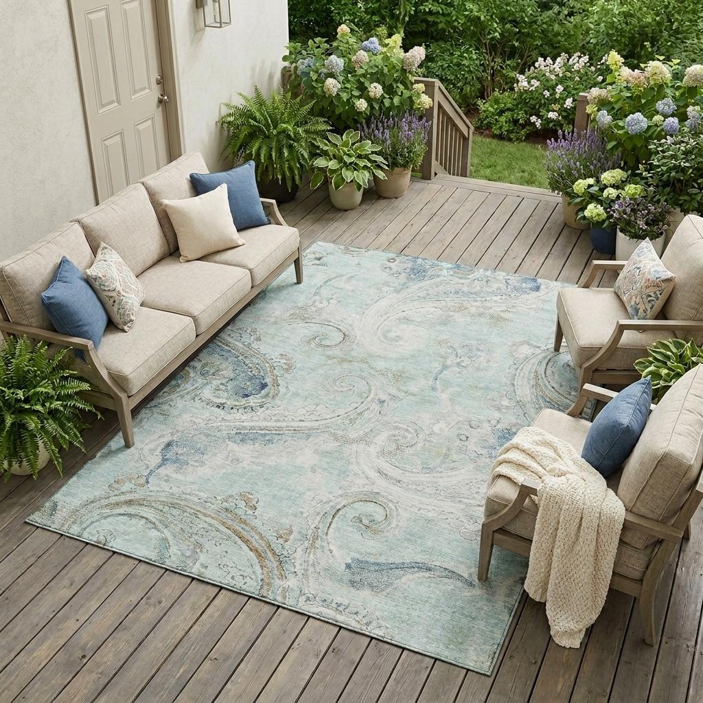 10' X 14' Aqua And Teal Blue Paisley Washable Indoor Outdoor Area Rug Homeroots Outdoor