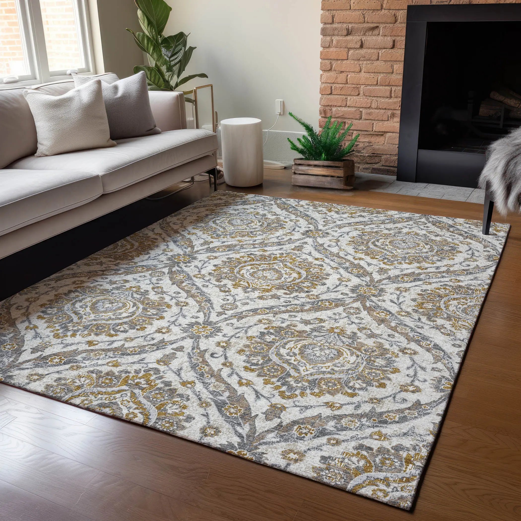 10' X 14' Beige And Blue Floral Washable Indoor Outdoor Area Rug Homeroots Outdoor