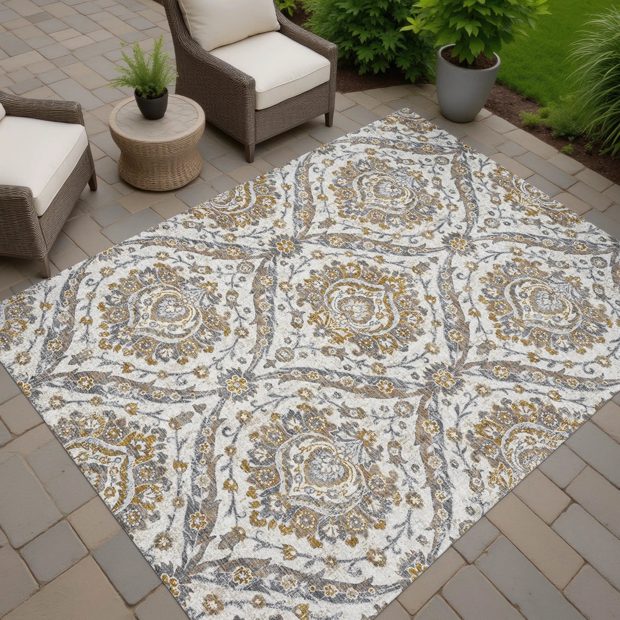 10' X 14' Beige And Blue Floral Washable Indoor Outdoor Area Rug Homeroots Outdoor