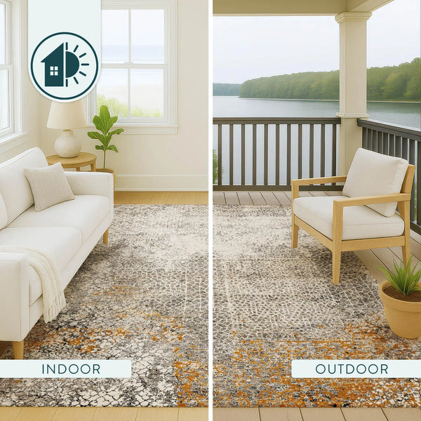 Gray and orange patterned indoor/outdoor rug, ideal for contemporary spaces, made from durable materials.