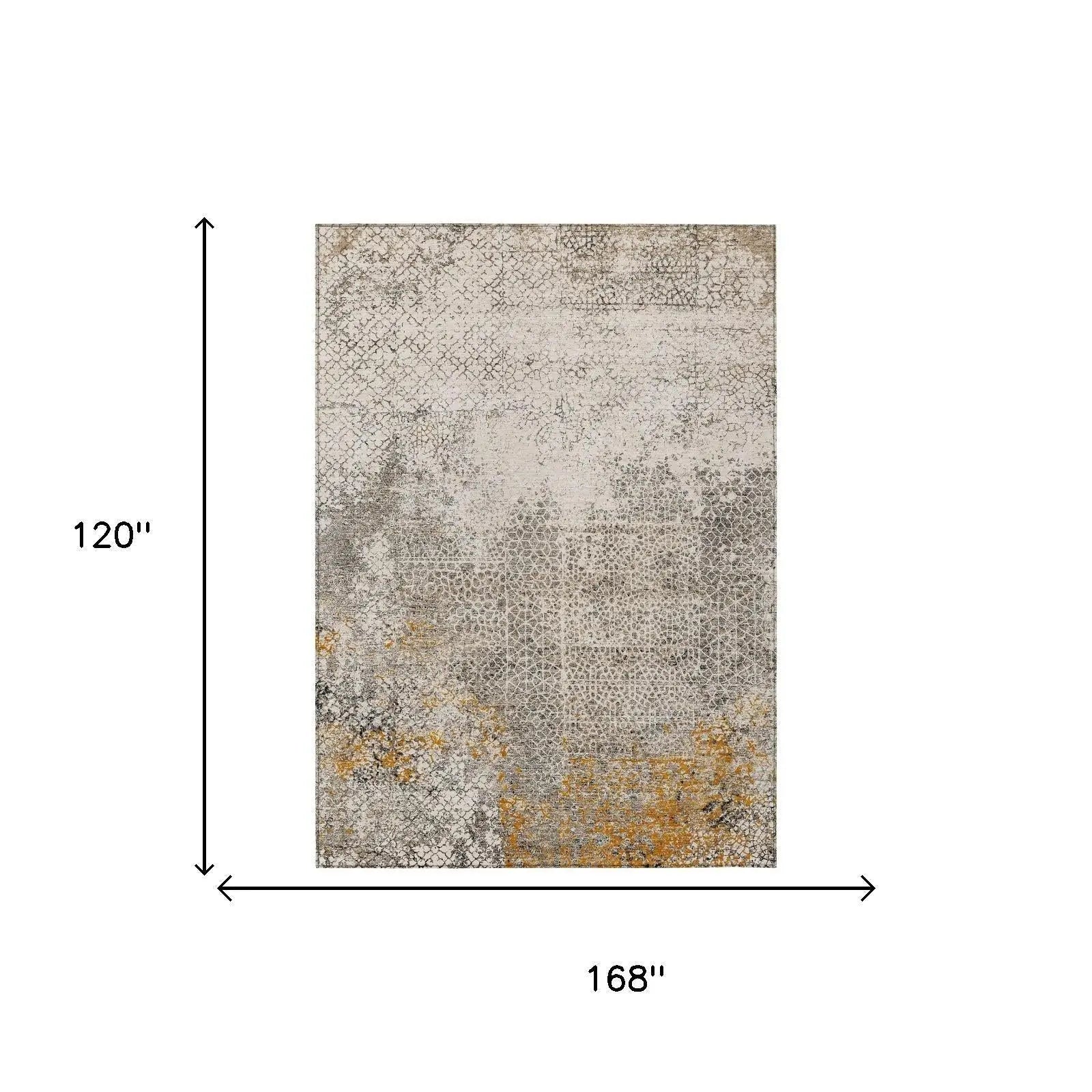 Gray and gold abstract area rug, 120"x168", featuring a distressed pattern for a modern decor style.