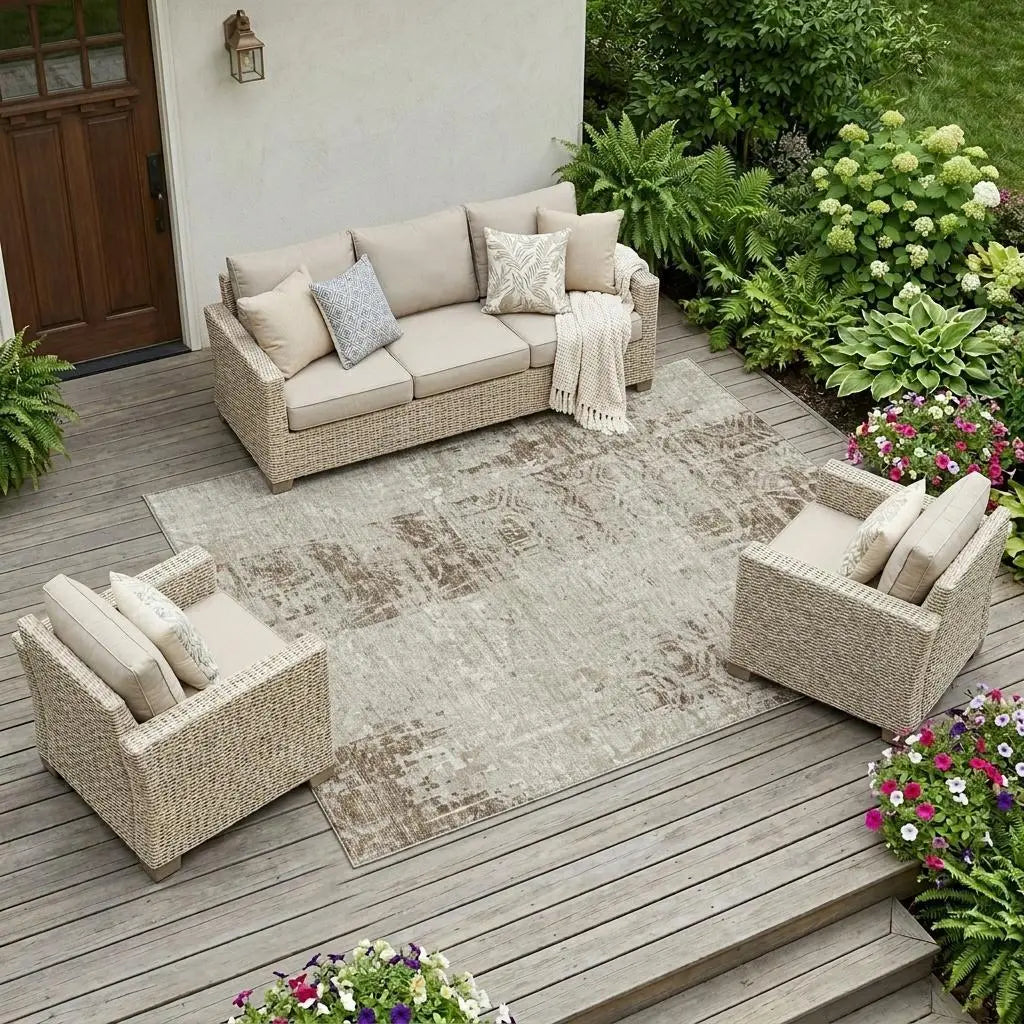 10' X 14' Beige And Brown Abstract Washable Indoor Outdoor Area Rug Homeroots Outdoor
