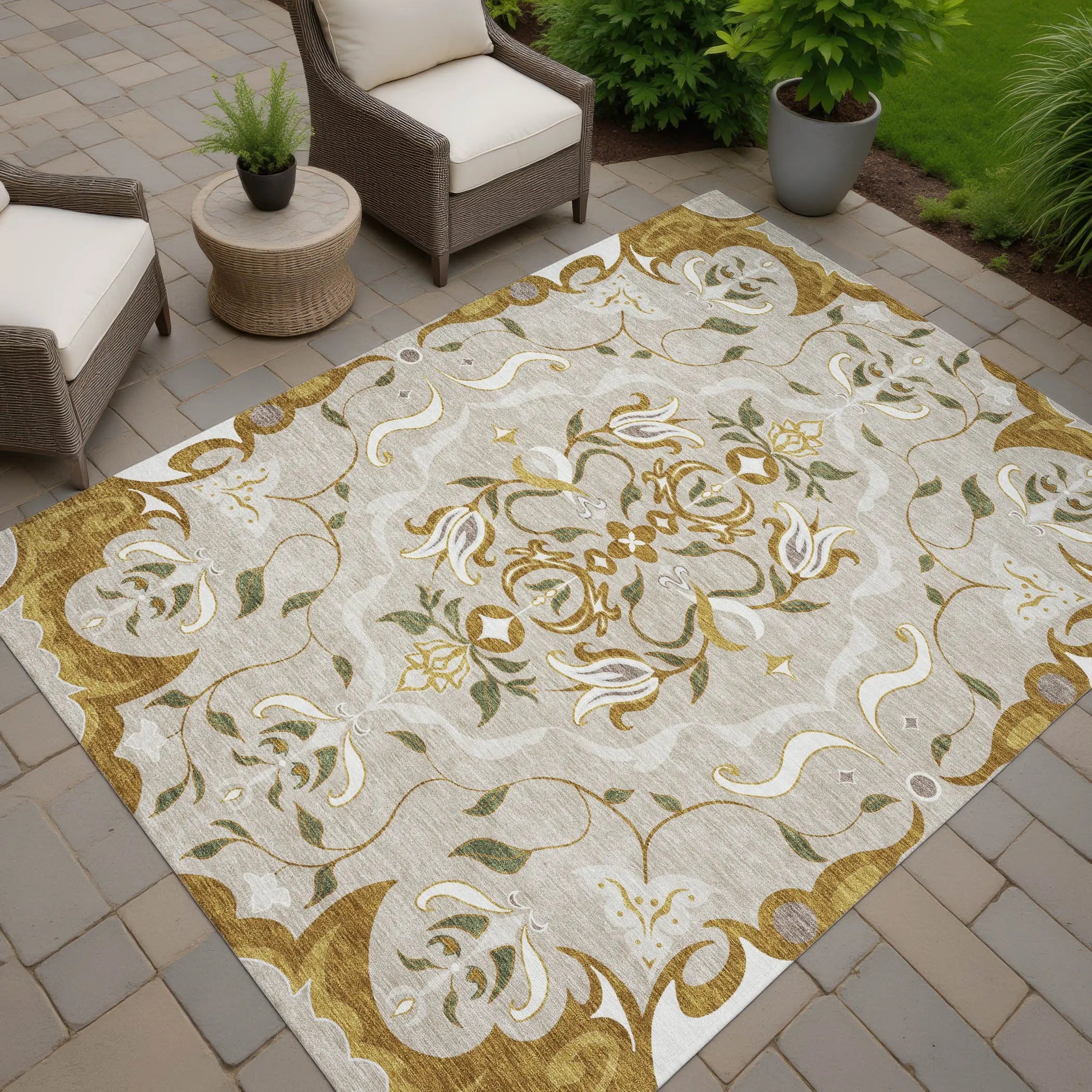 10' X 14' Beige And Brown Damask Washable Indoor Outdoor Area Rug Homeroots Outdoor