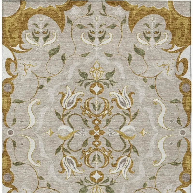 10' X 14' Beige And Brown Damask Washable Indoor Outdoor Area Rug Homeroots Outdoor