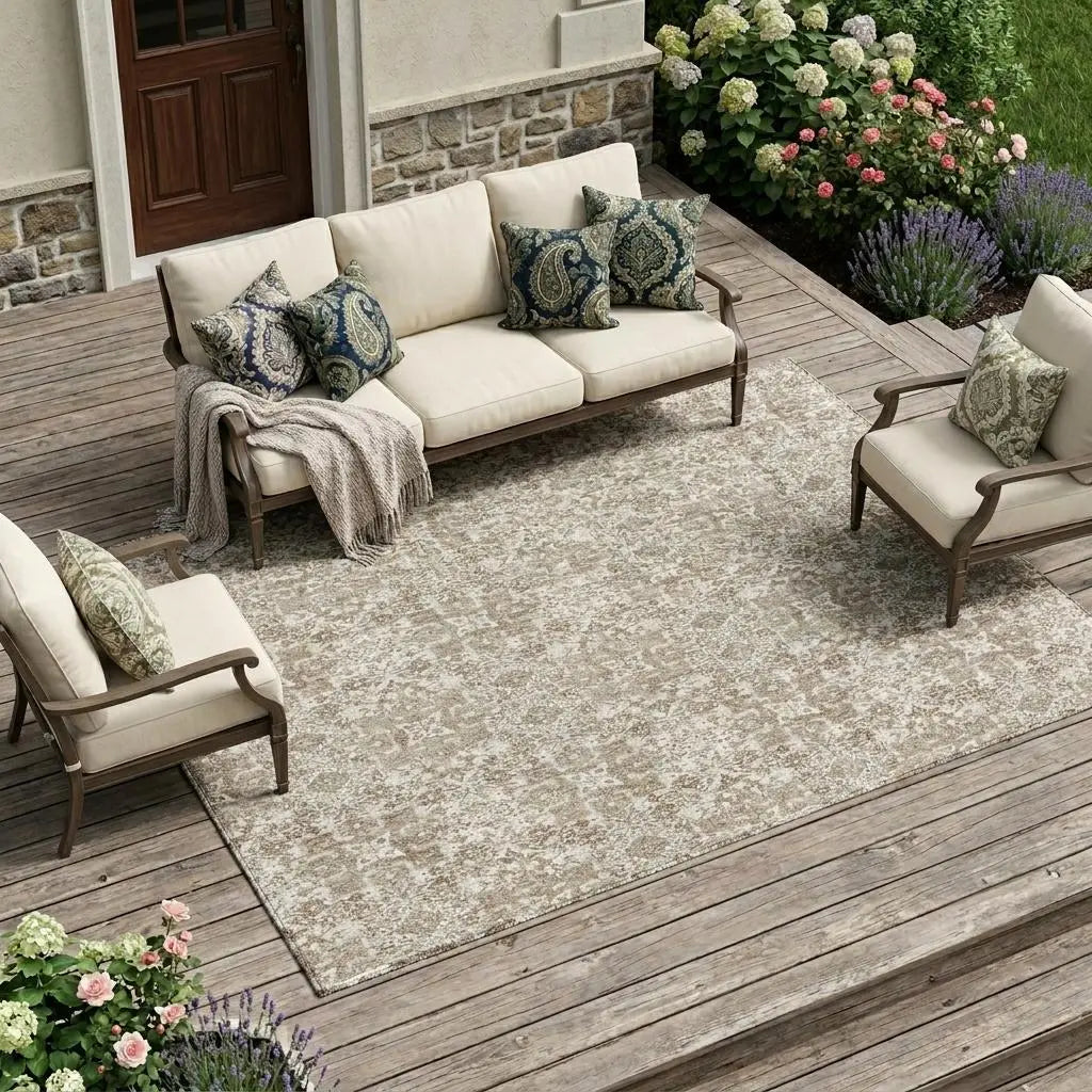 10' X 14' Beige And Brown Damask Washable Indoor Outdoor Area Rug Homeroots Outdoor