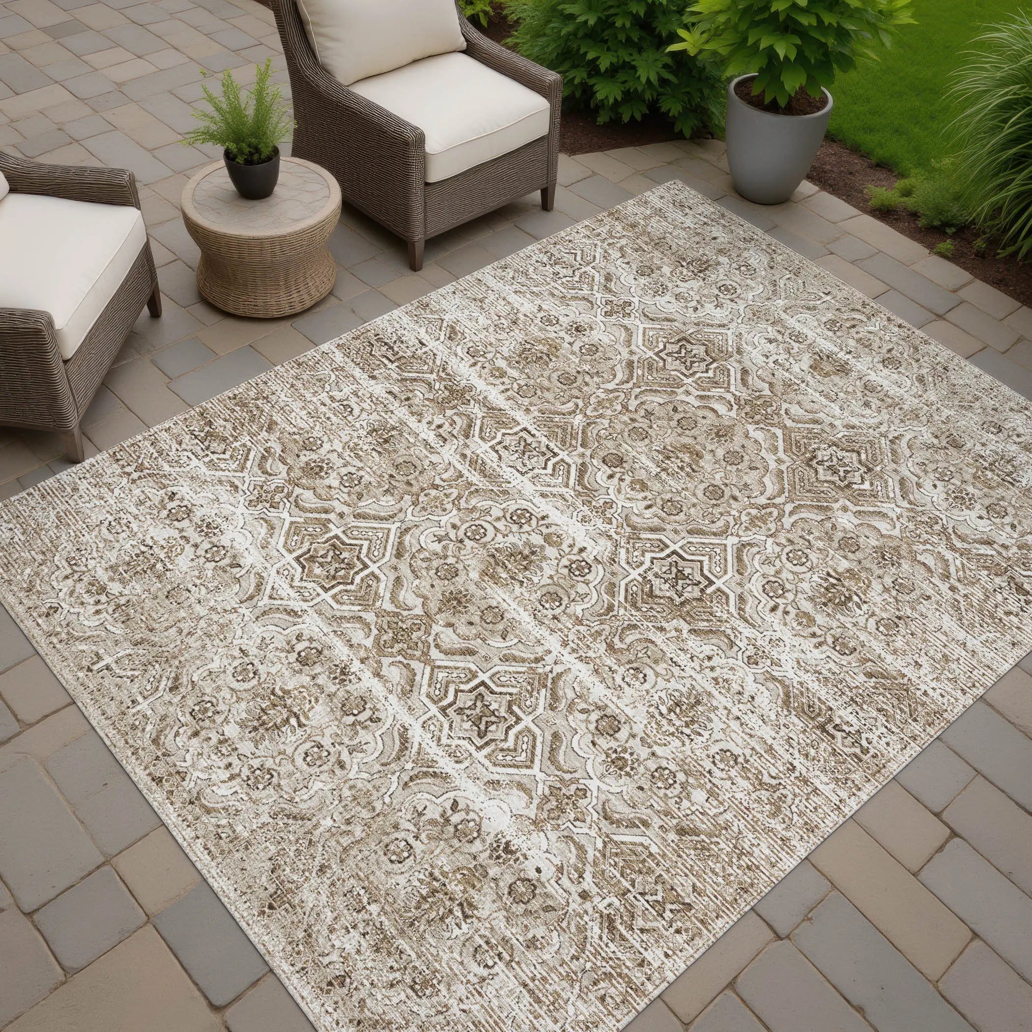 10' X 14' Beige And Brown Floral Washable Indoor Outdoor Area Rug Homeroots Outdoor