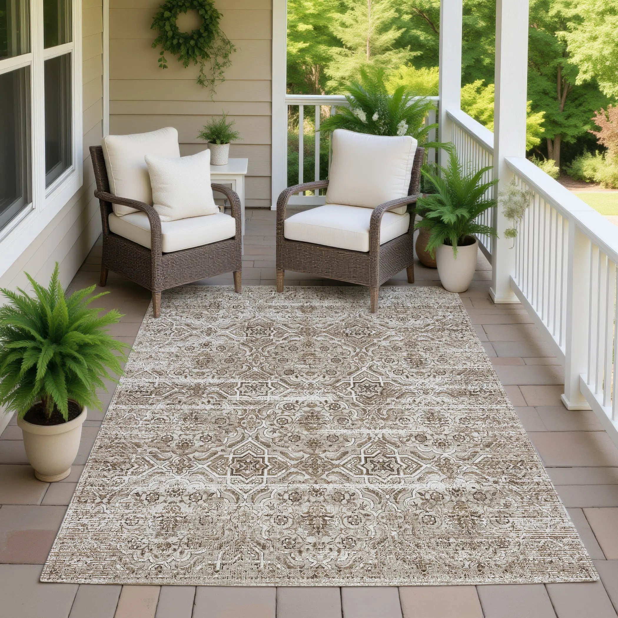 10' X 14' Beige And Brown Floral Washable Indoor Outdoor Area Rug Homeroots Outdoor