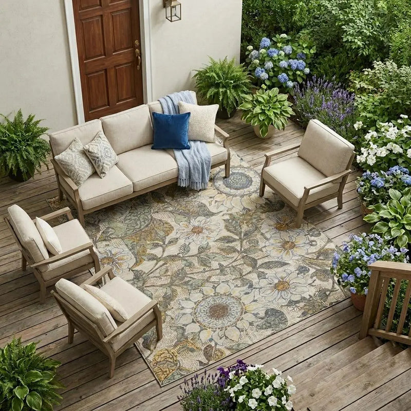 Cozy outdoor seating set with light beige cushions, wooden frames, and a floral patterned rug on a wooden deck.