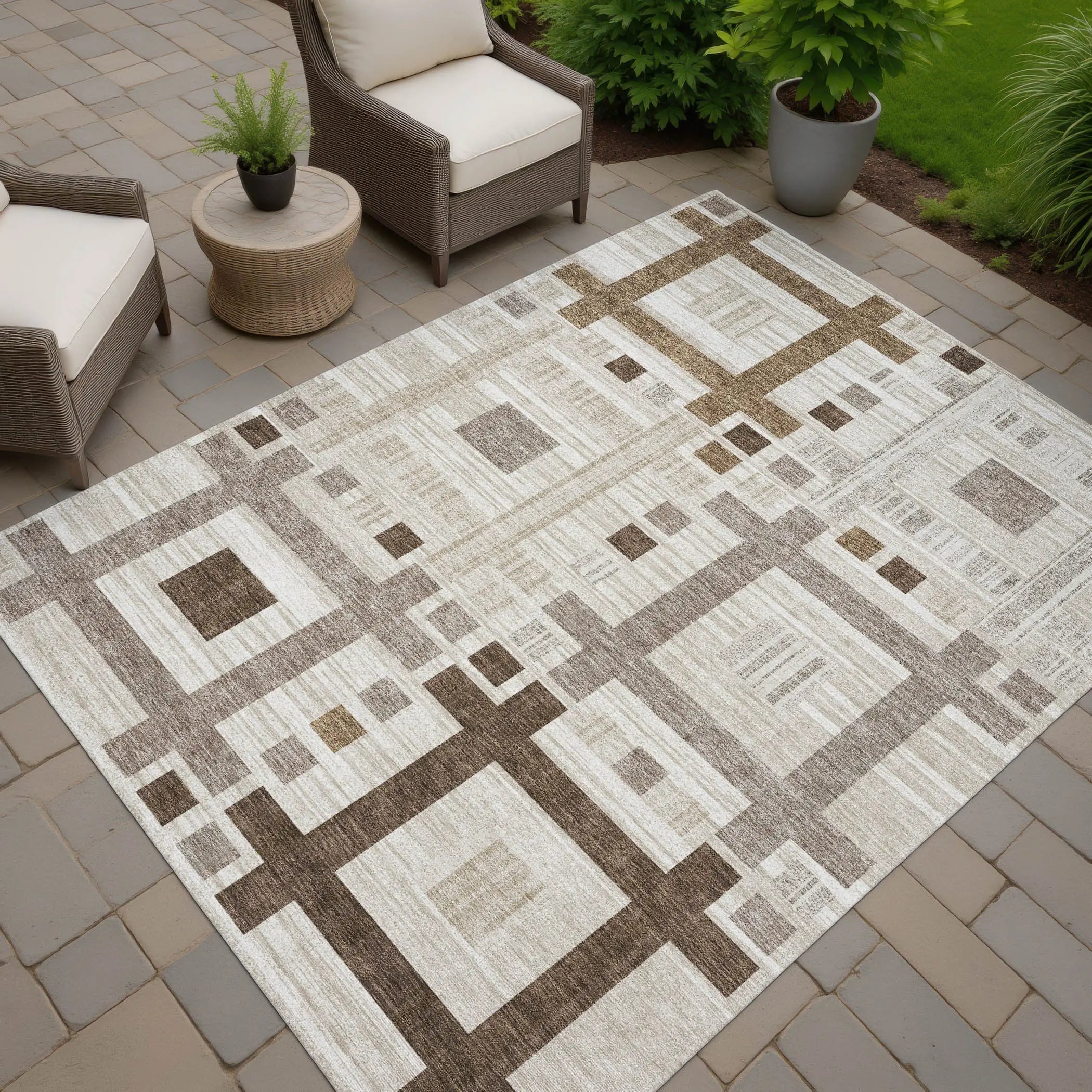 10' X 14' Beige And Brown Geometric Washable Indoor Outdoor Area Rug Homeroots Outdoor