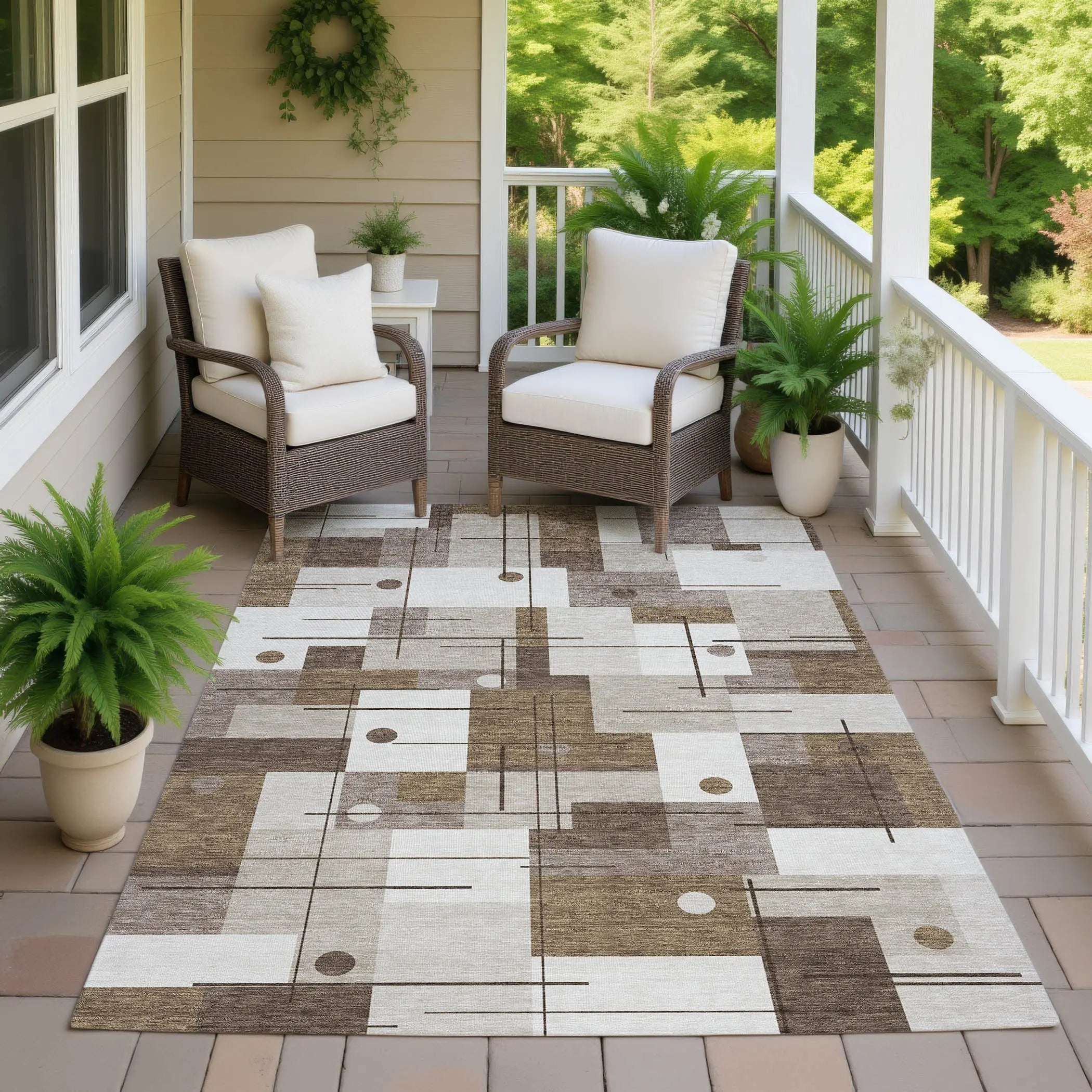 10' X 14' Beige And Brown Geometric Washable Indoor Outdoor Area Rug Homeroots Outdoor