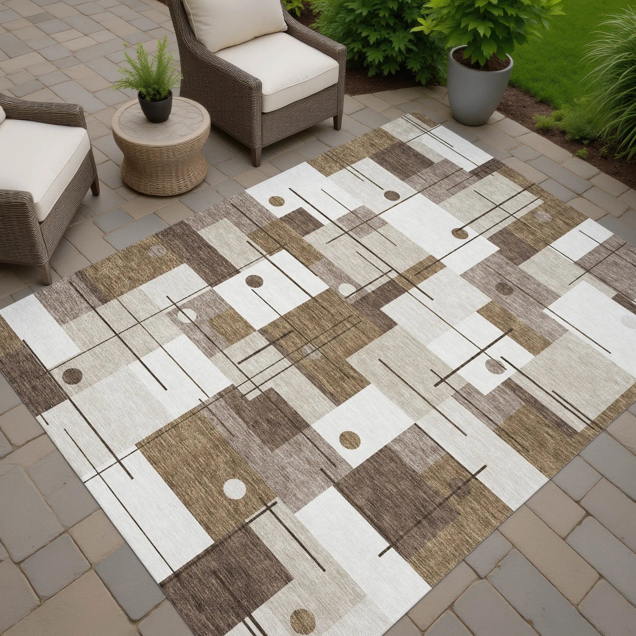 10' X 14' Beige And Brown Geometric Washable Indoor Outdoor Area Rug Homeroots Outdoor