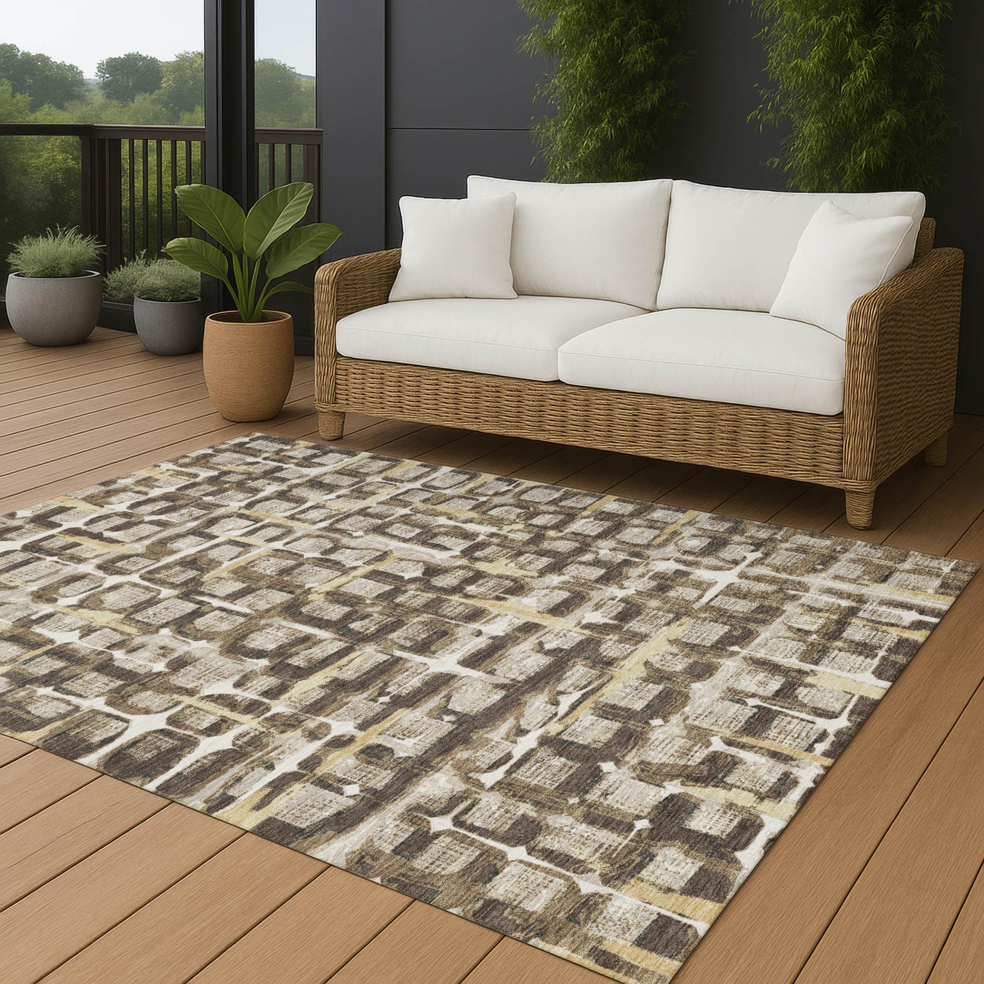 10' X 14' Beige And Brown Geometric Washable Indoor Outdoor Area Rug Homeroots Outdoor