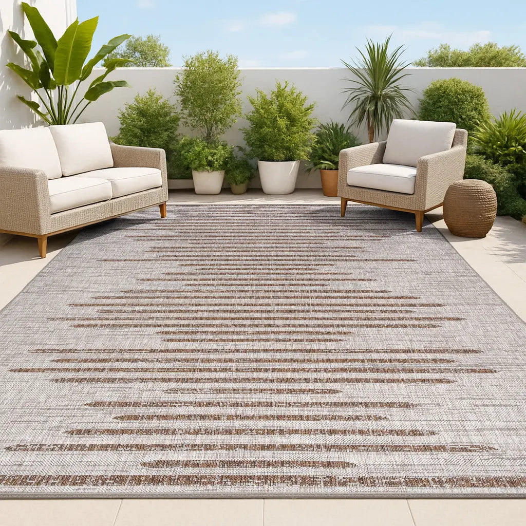 10' X 14' Beige And Brown Striped Indoor Outdoor Area Rug Homeroots Outdoor