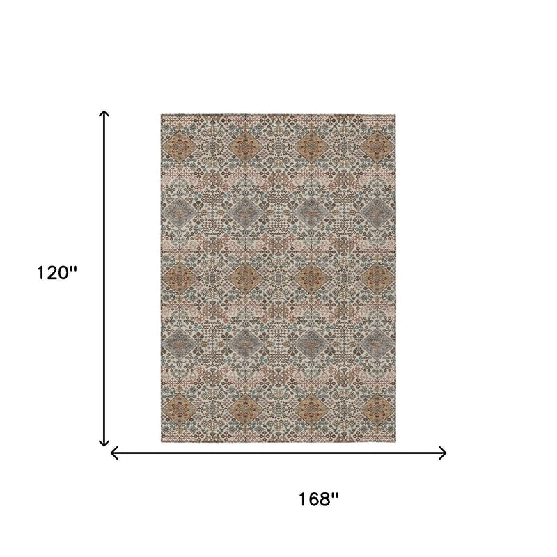 10' X 14' Beige And Copper Geometric Washable Indoor Outdoor Area Rug Homeroots Outdoor