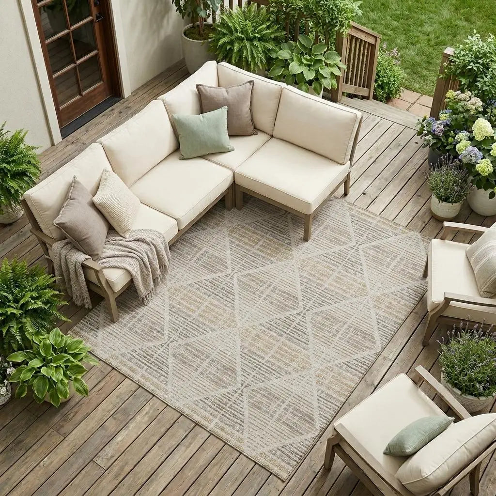 10' X 14' Beige And Ivory Geometric Washable Indoor Outdoor Area Rug Homeroots Outdoor