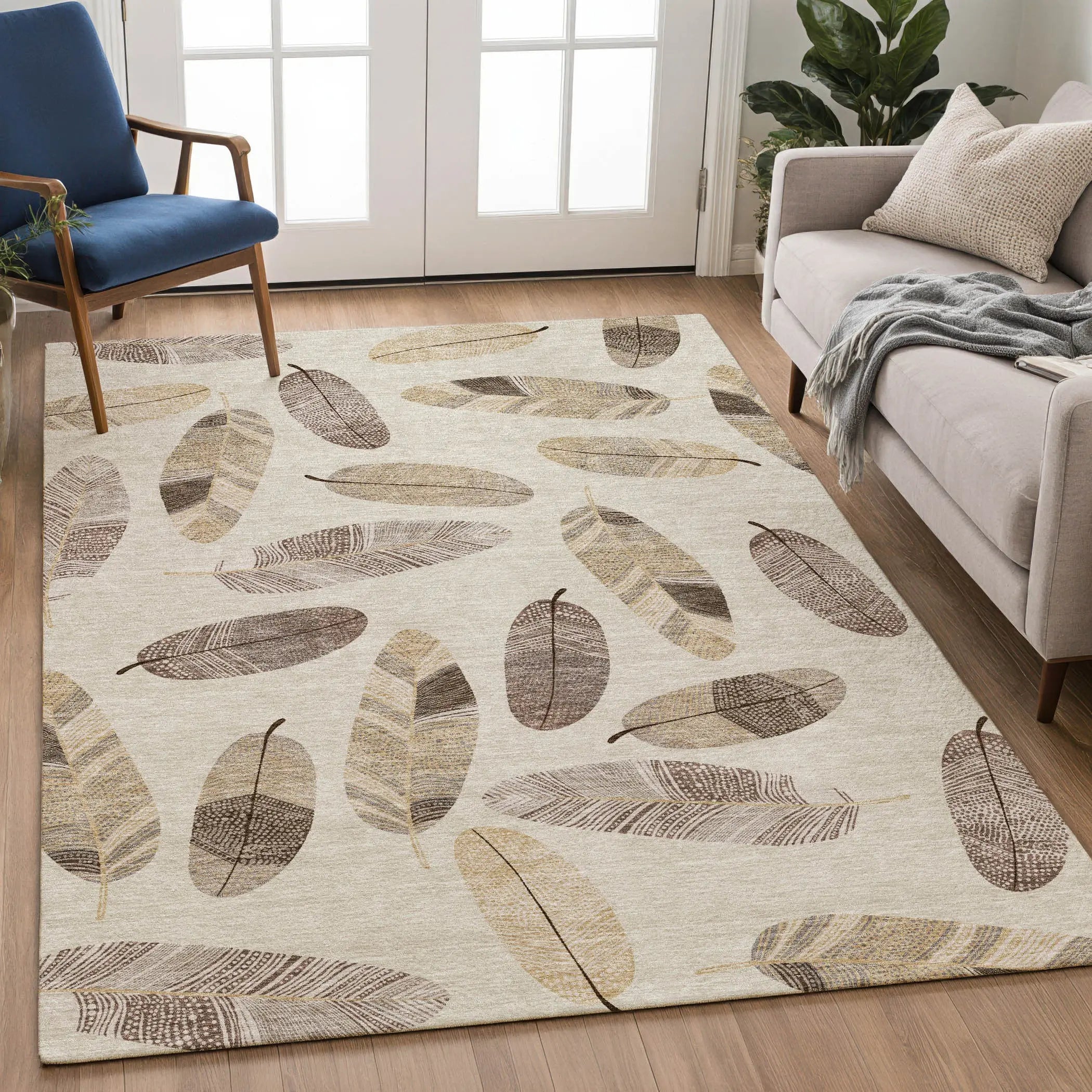 10' X 14' Beige And Sky Blue Botanical Leaves Washable Indoor Outdoor Area Rug Homeroots Outdoor
