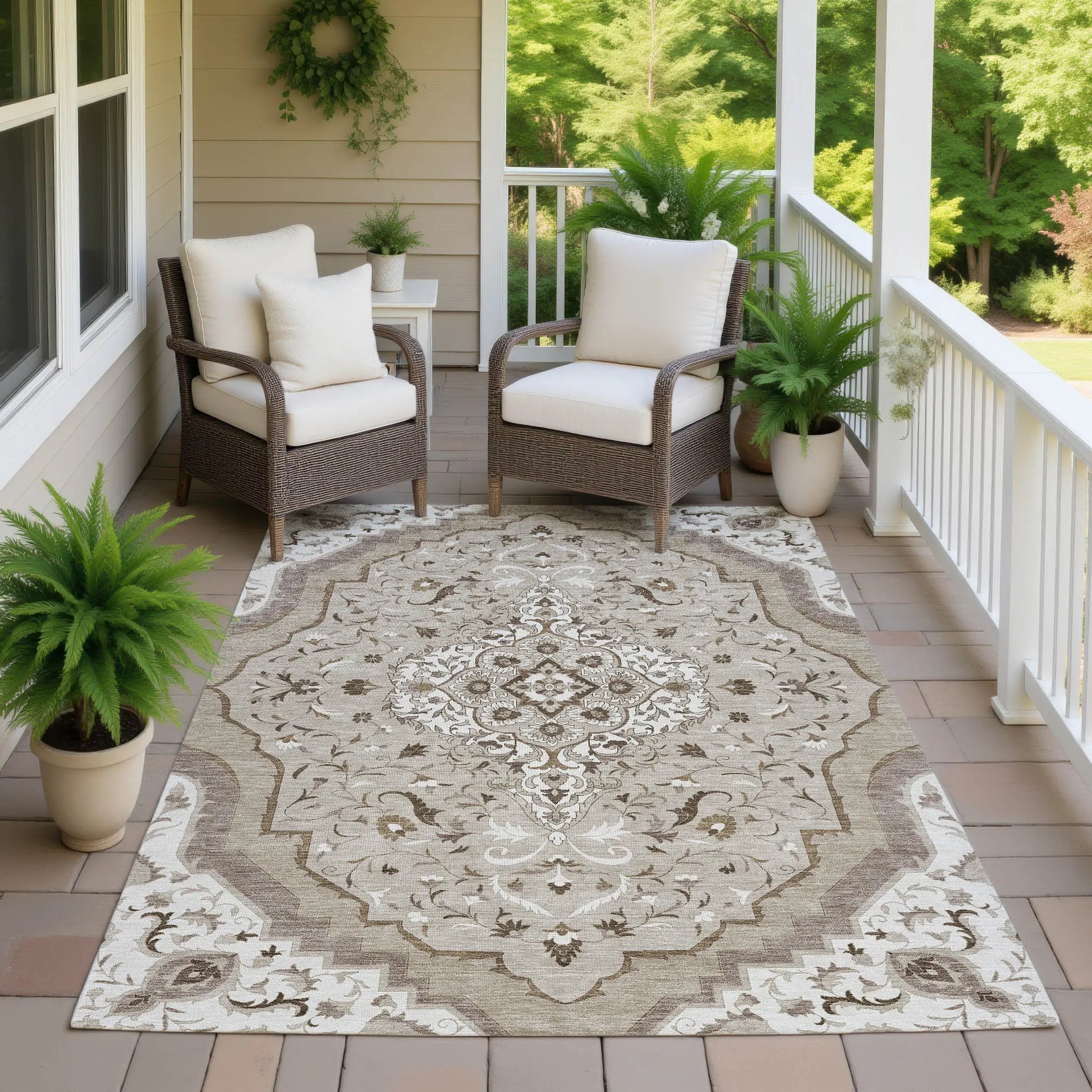 10' X 14' Beige And Taupe Medallion Washable Indoor Outdoor Area Rug Homeroots Outdoor