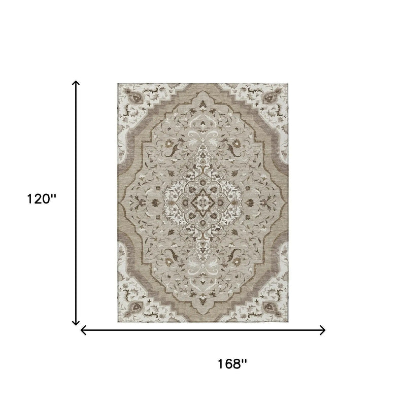 10' X 14' Beige And Taupe Medallion Washable Indoor Outdoor Area Rug Homeroots Outdoor