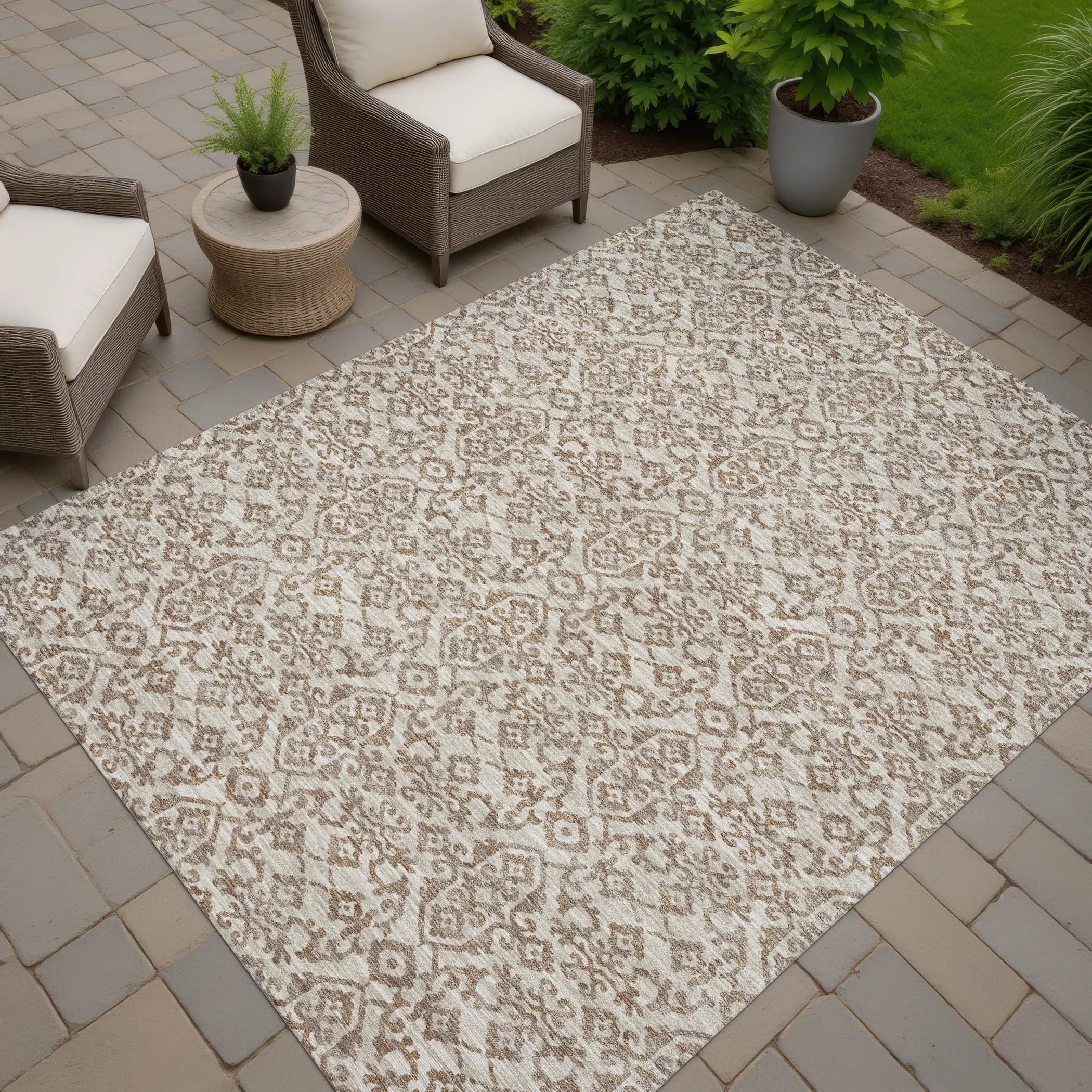 10' X 14' Beige And Taupe Oriental Washable Indoor Outdoor Area Rug Homeroots Outdoor