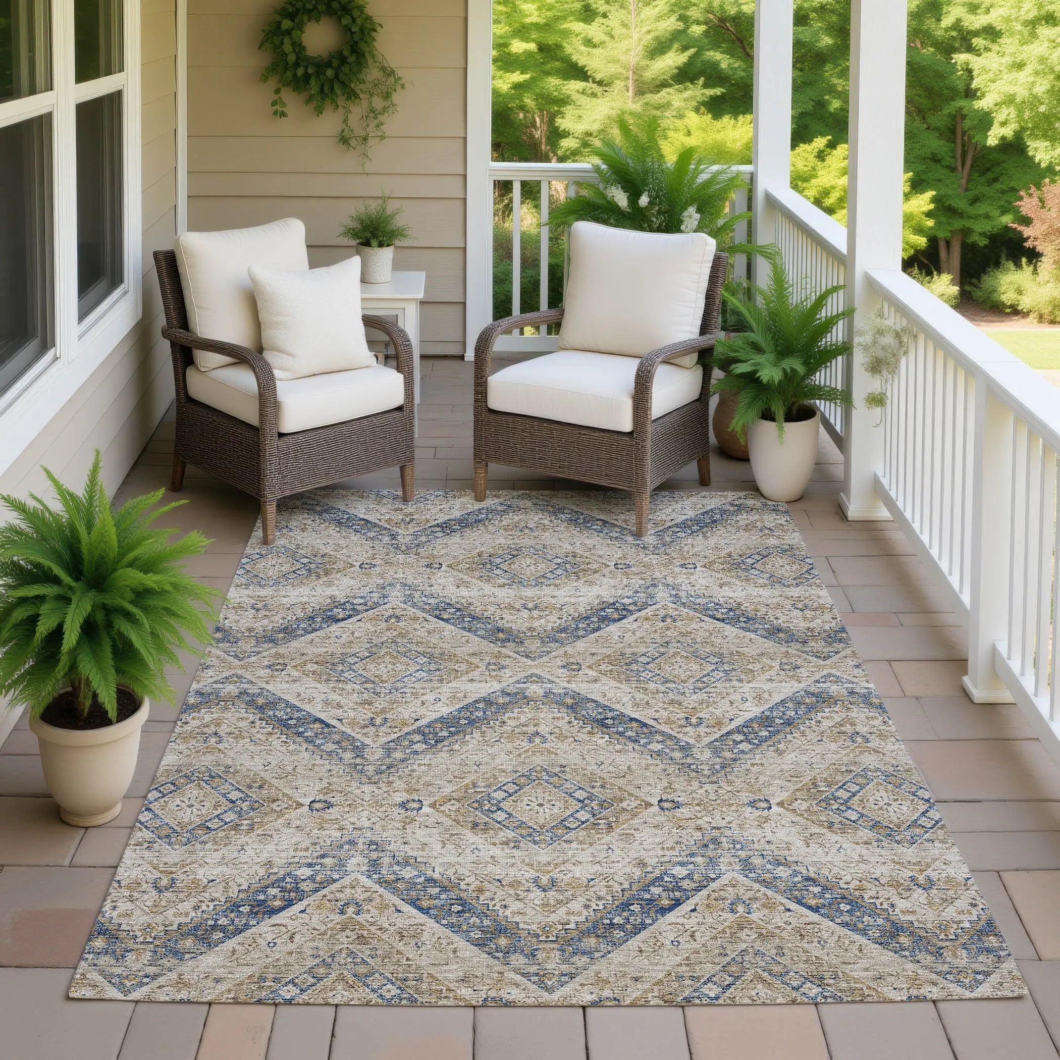 10' X 14' Beige And Teal Blue Tribal Washable Indoor Outdoor Area Rug Homeroots Outdoor