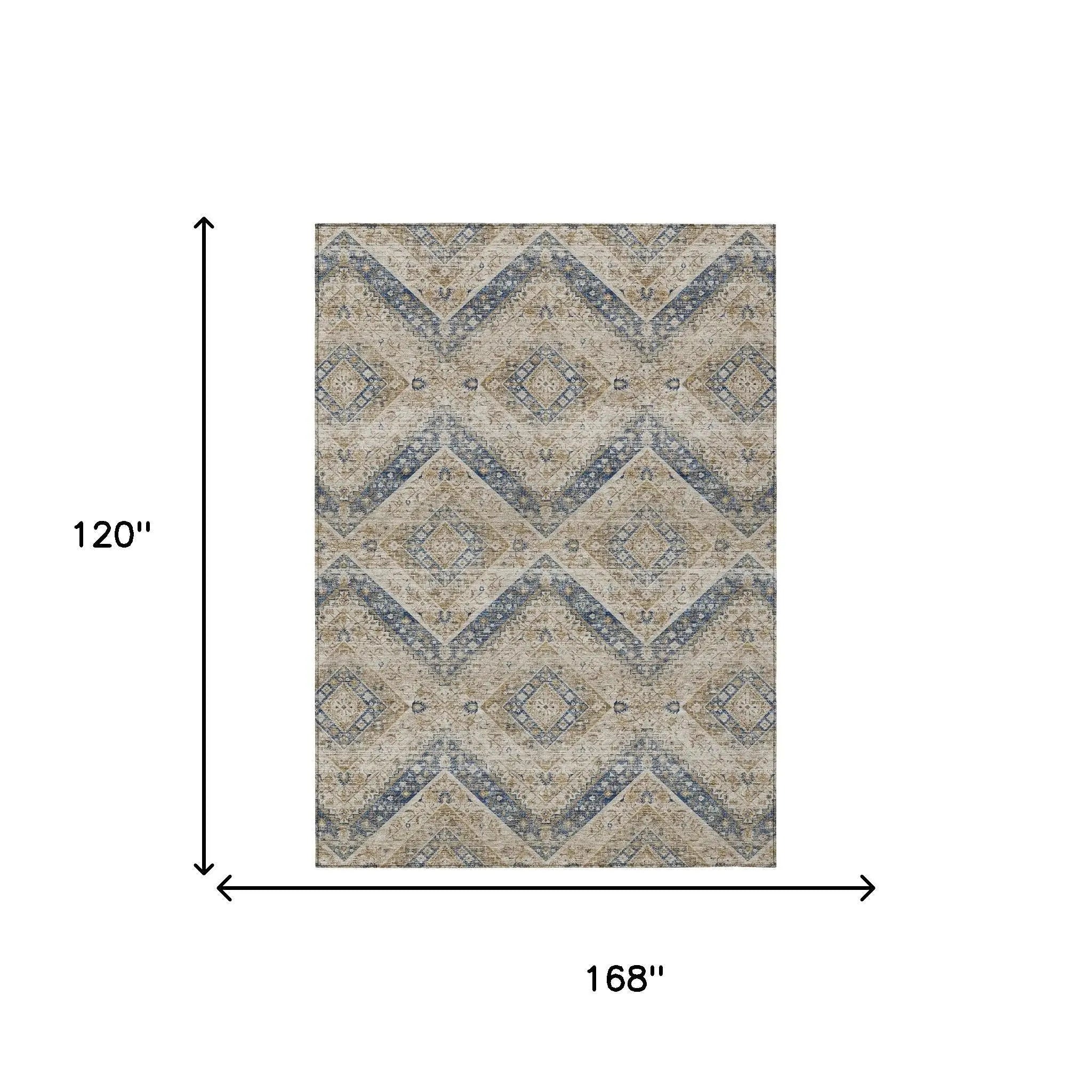10' X 14' Beige And Teal Blue Tribal Washable Indoor Outdoor Area Rug Homeroots Outdoor