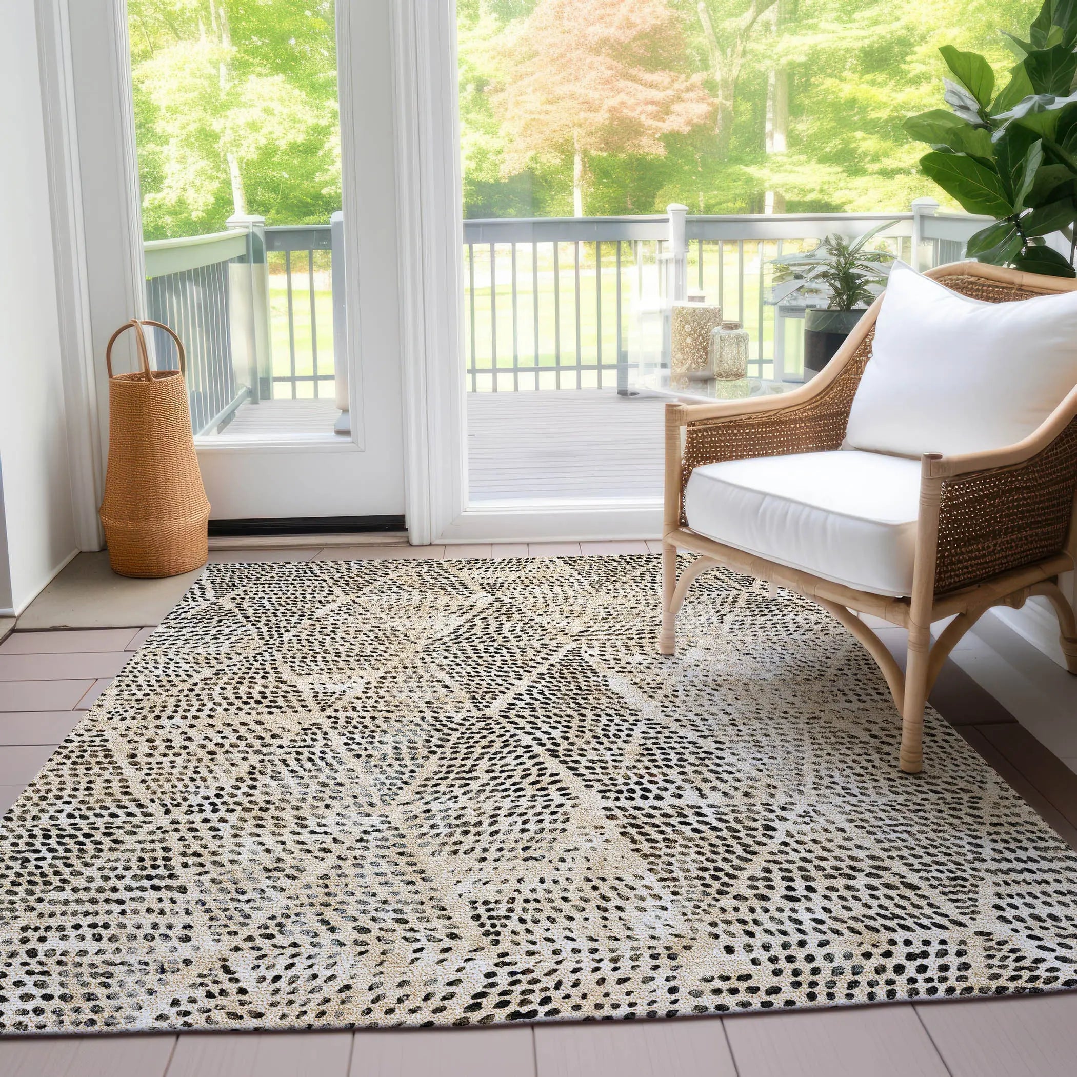 10' X 14' Beige Ivory And Black Geometric Washable Indoor Outdoor Area Rug - GreatEagleInc