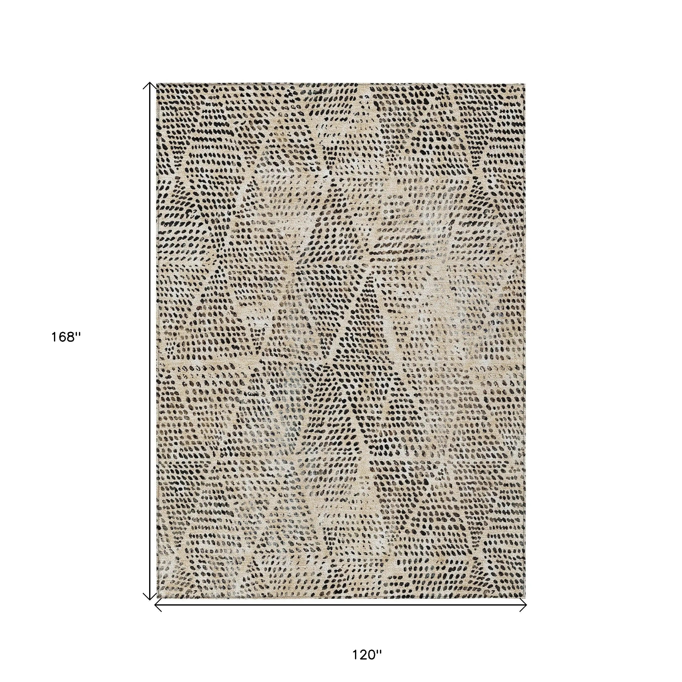 10' X 14' Beige Ivory And Black Geometric Washable Indoor Outdoor Area Rug - GreatEagleInc