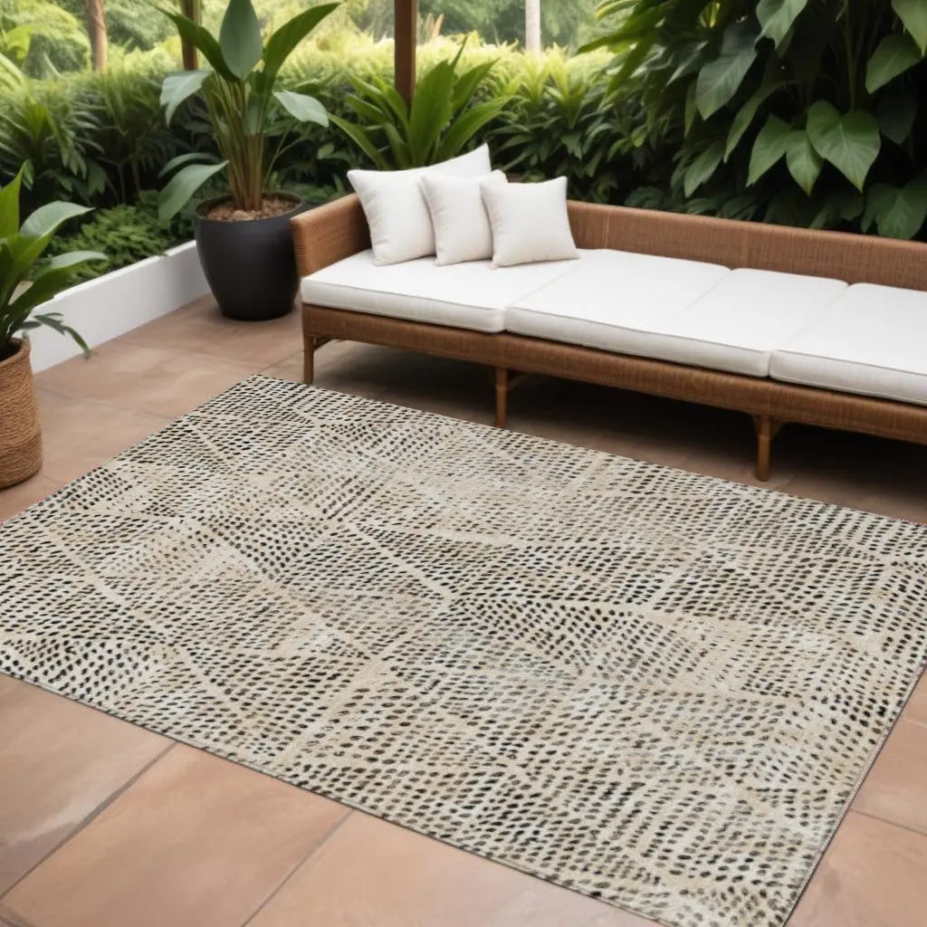 10' X 14' Beige Ivory And Black Geometric Washable Indoor Outdoor Area Rug - GreatEagleInc