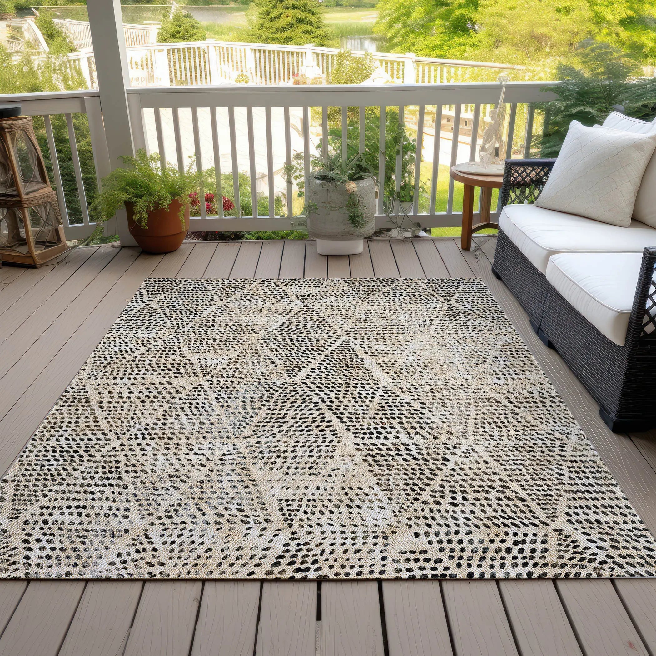 10' X 14' Beige Ivory And Black Geometric Washable Indoor Outdoor Area Rug - GreatEagleInc