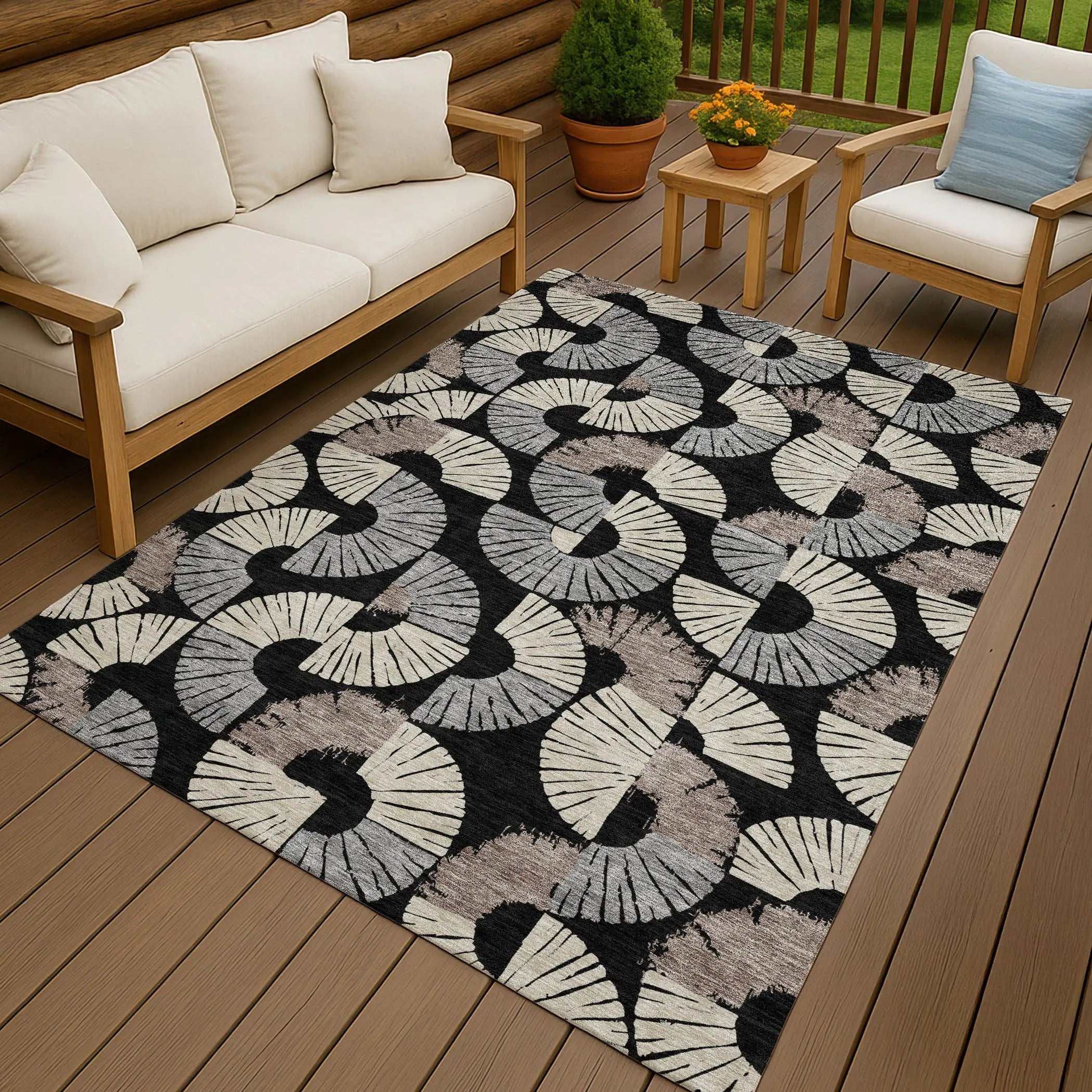 10' X 14' Black And Beige Geometric Washable Indoor Outdoor Area Rug Homeroots Outdoor