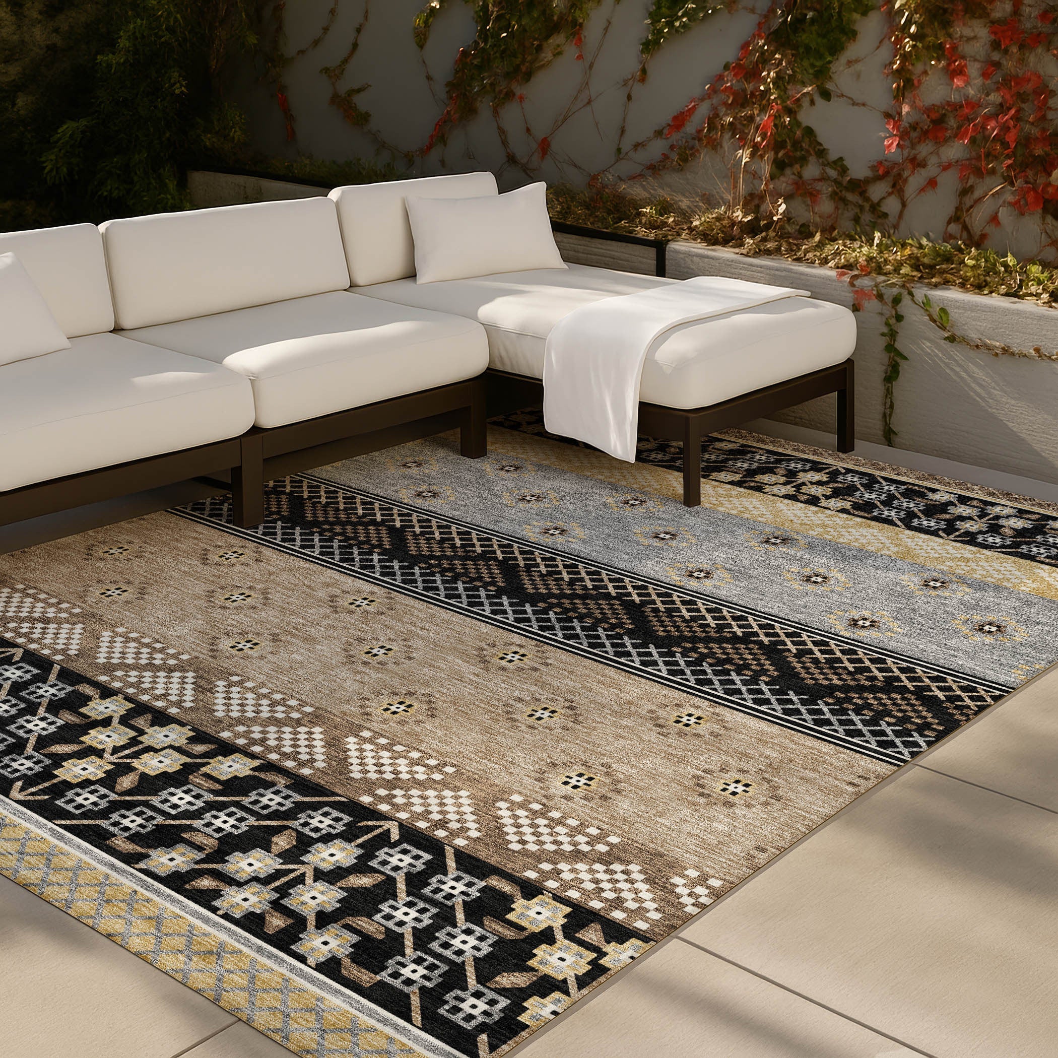 10' X 14' Black And Beige Striped Washable Indoor Outdoor Area Rug Homeroots Outdoor