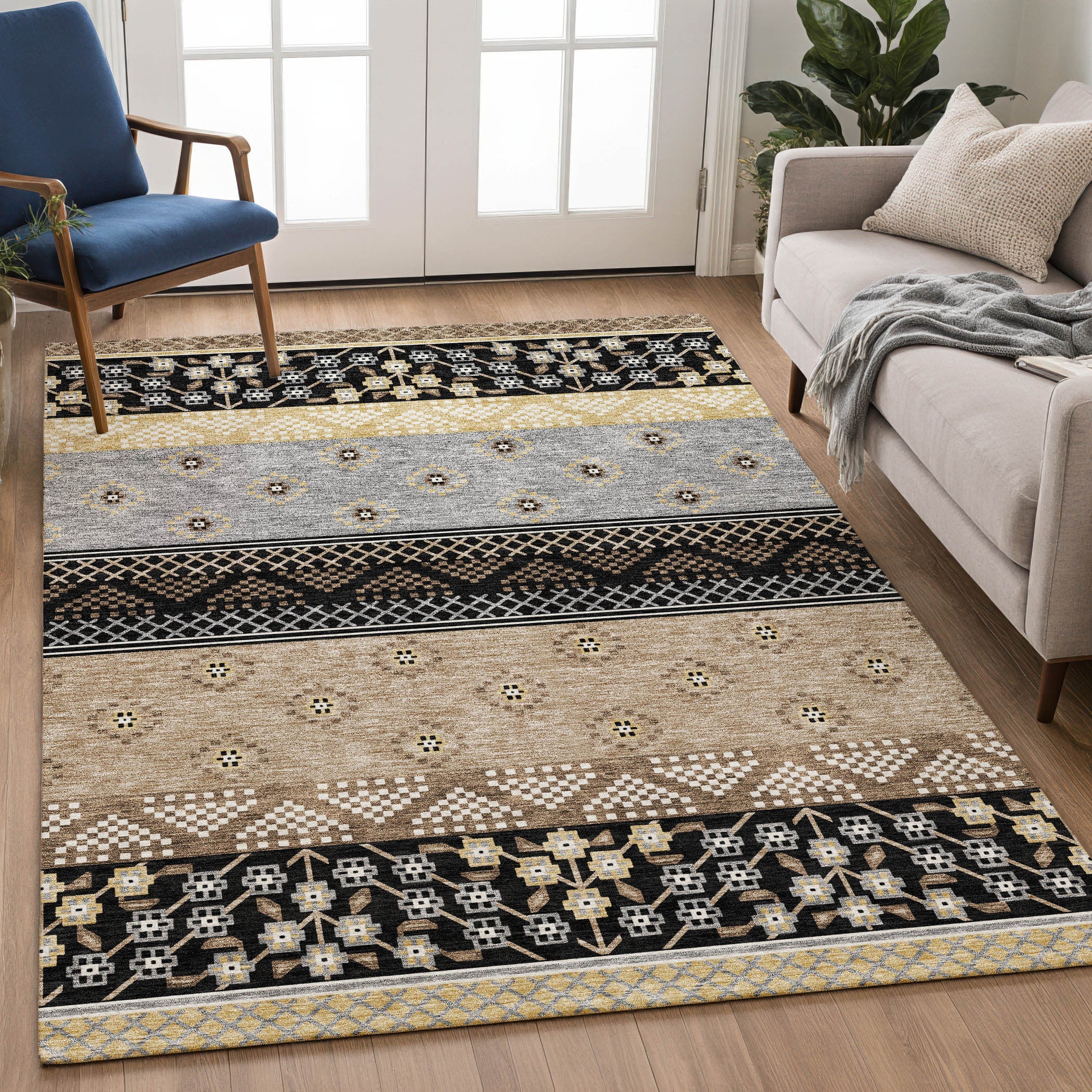 10' X 14' Black And Beige Striped Washable Indoor Outdoor Area Rug Homeroots Outdoor