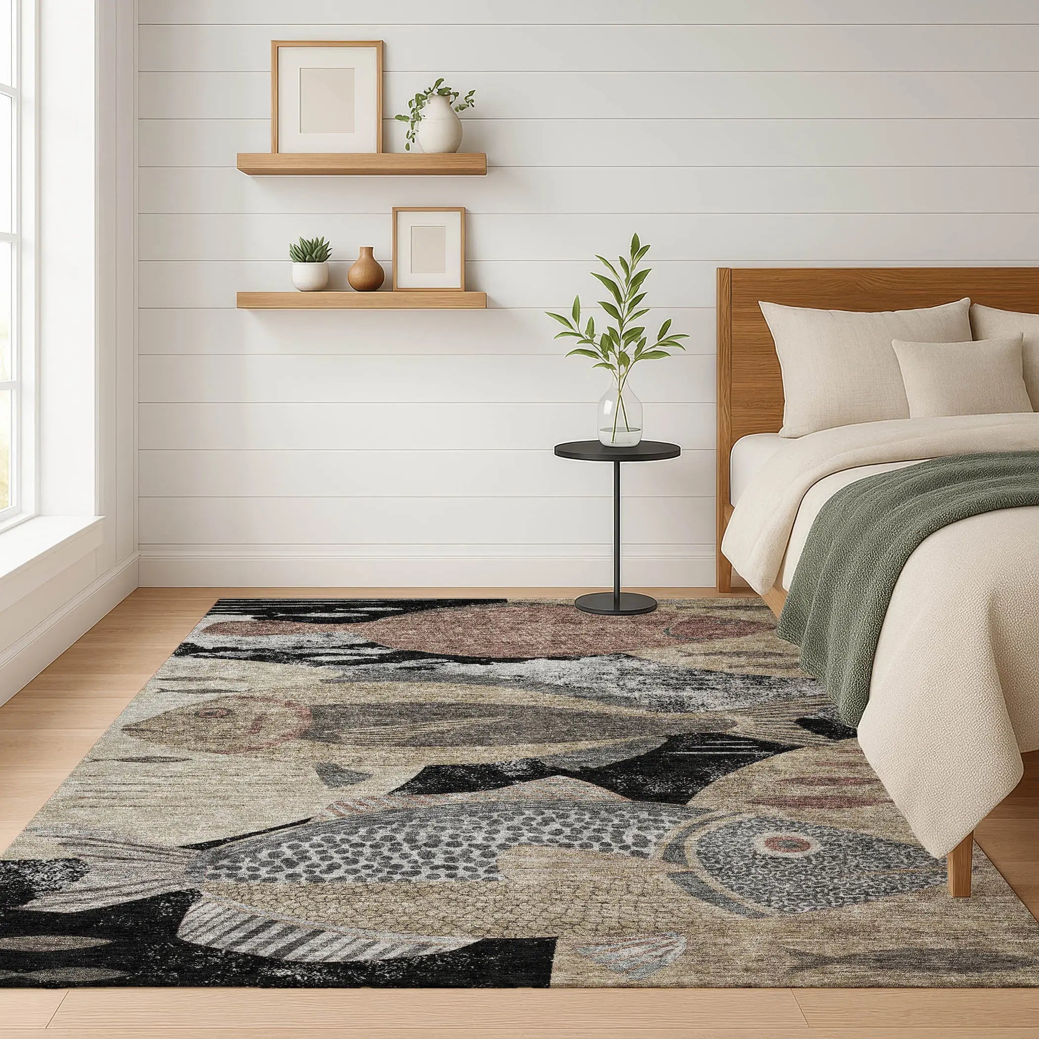 10' X 14' Black And Beige Tropical Fish Washable Indoor Outdoor Area Rug Homeroots Outdoor