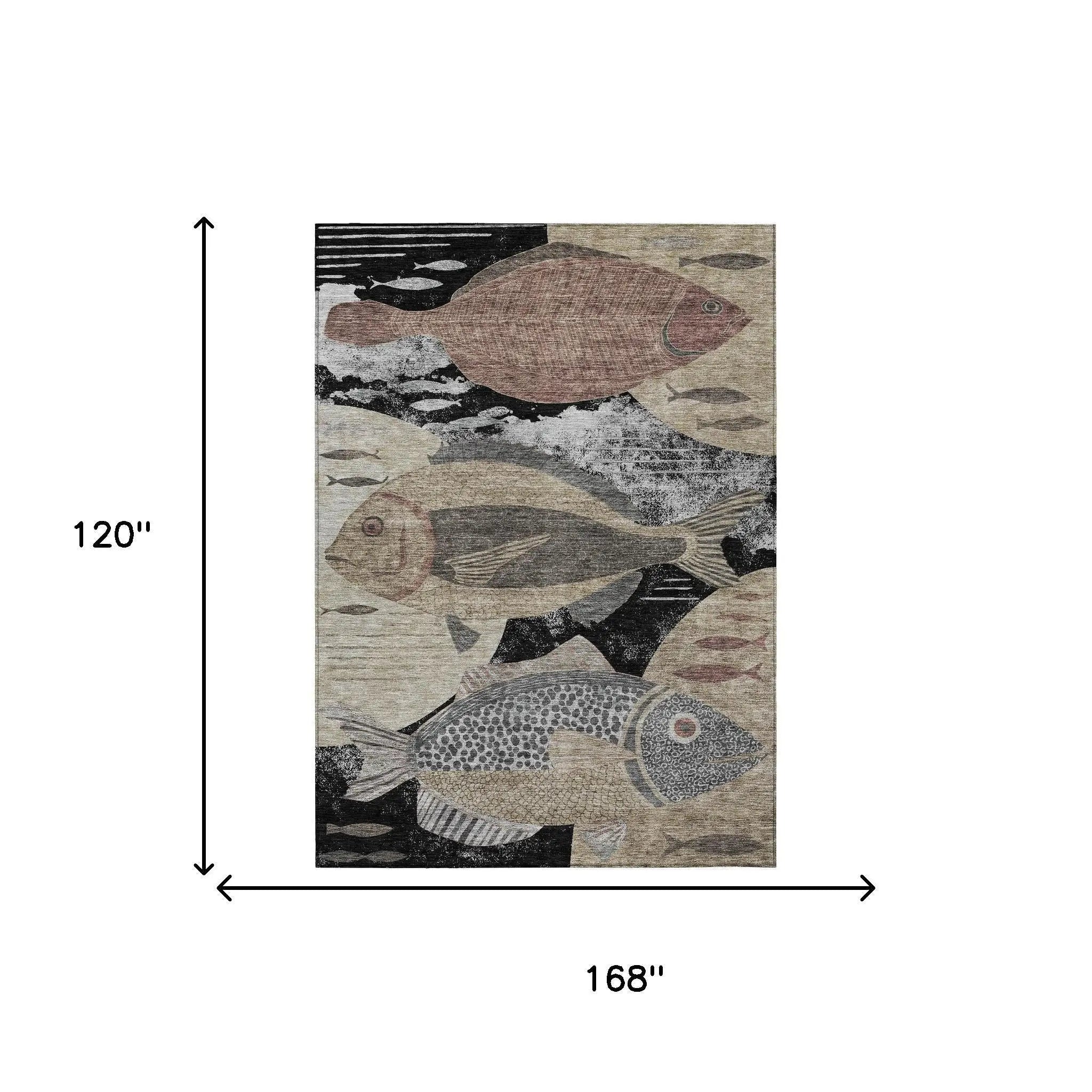 10' X 14' Black And Beige Tropical Fish Washable Indoor Outdoor Area Rug Homeroots Outdoor