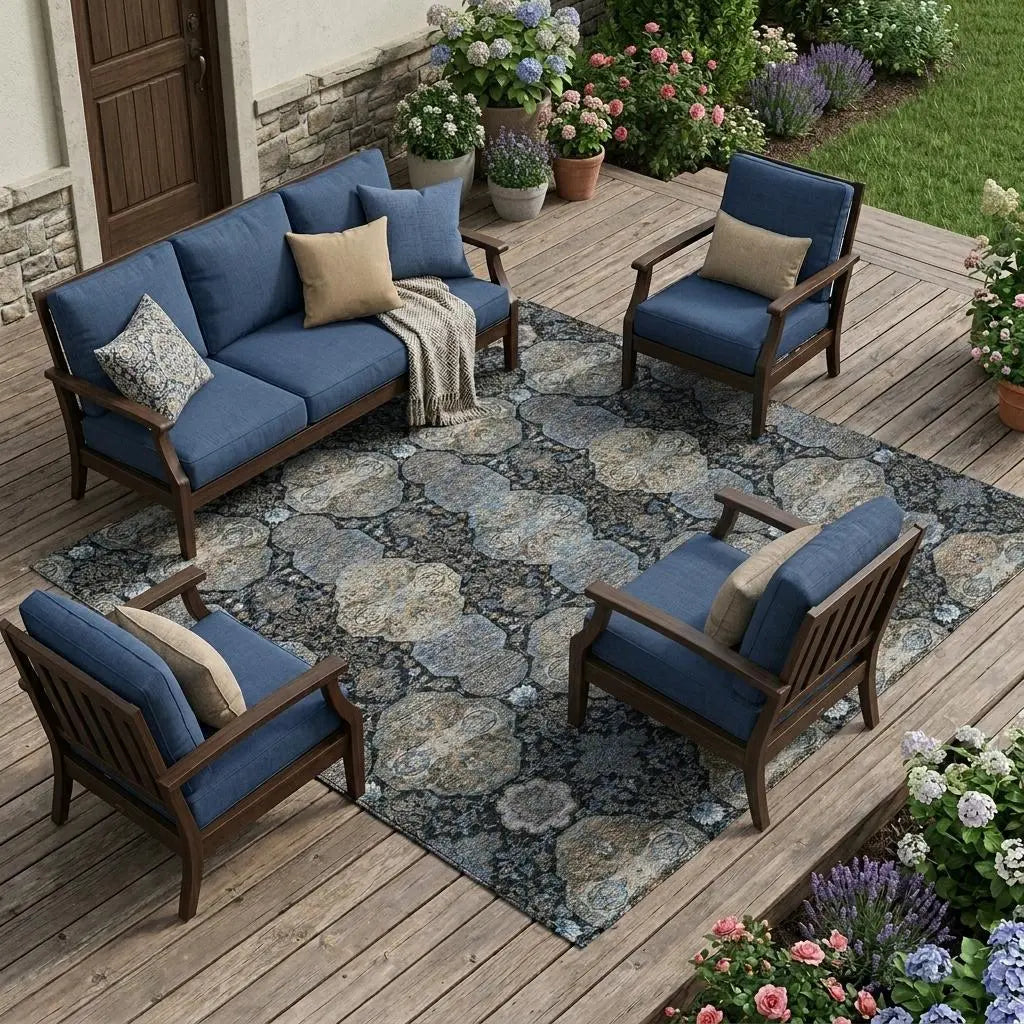 10' X 14' Black And Blue Floral Washable Indoor Outdoor Area Rug Homeroots Outdoor