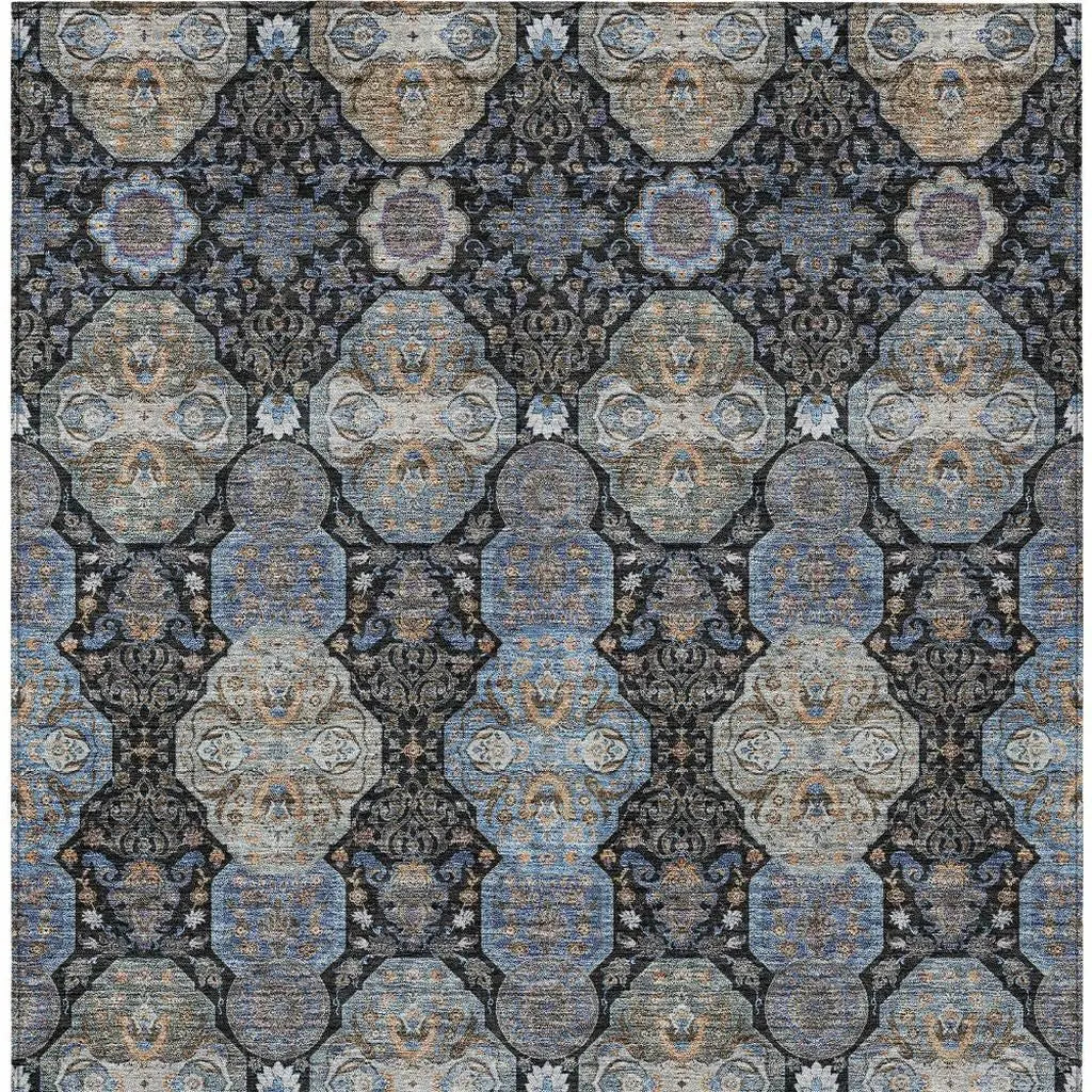 10' X 14' Black And Blue Floral Washable Indoor Outdoor Area Rug Homeroots Outdoor