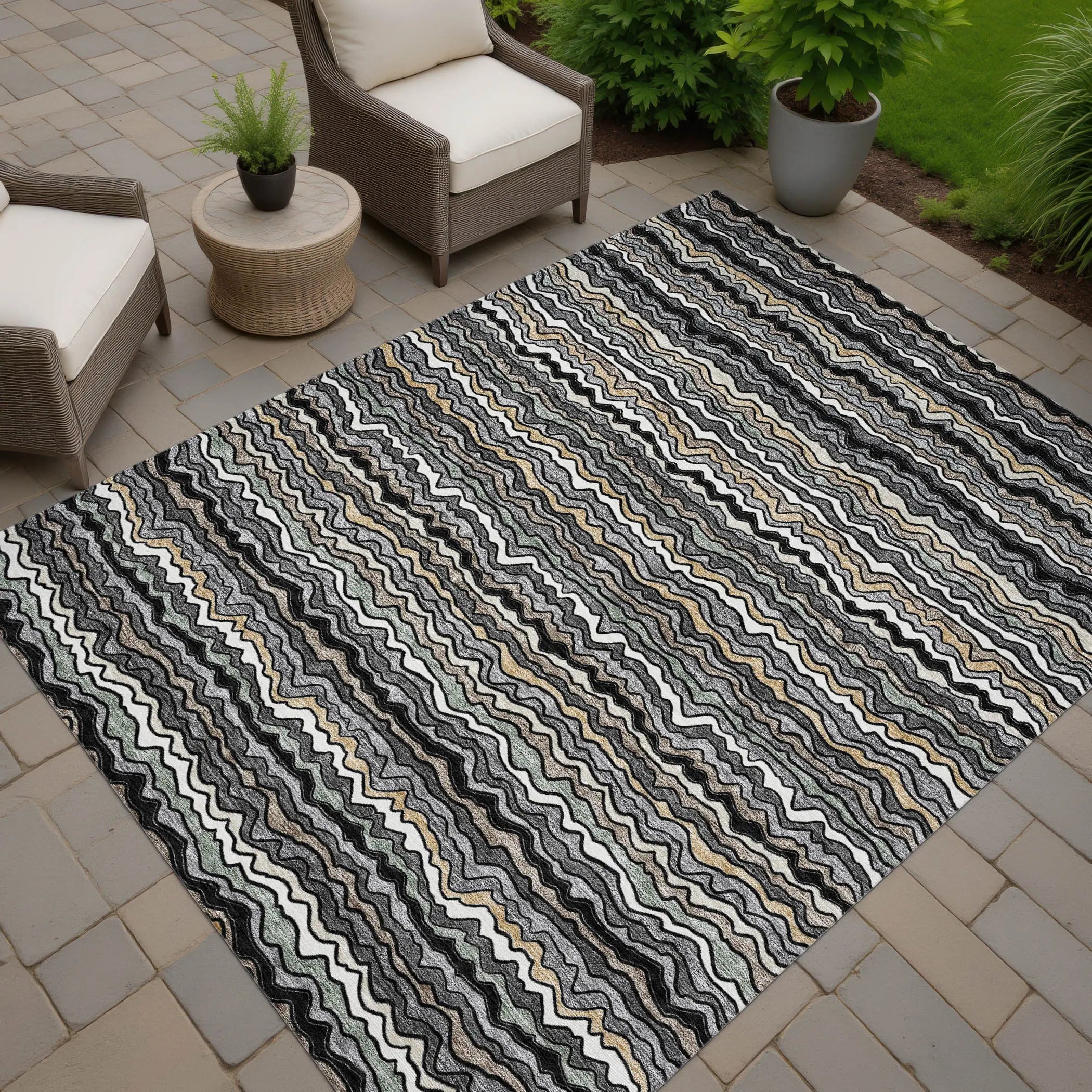 10' X 14' Black And Brown Striped Washable Indoor Outdoor Area Rug Homeroots Outdoor