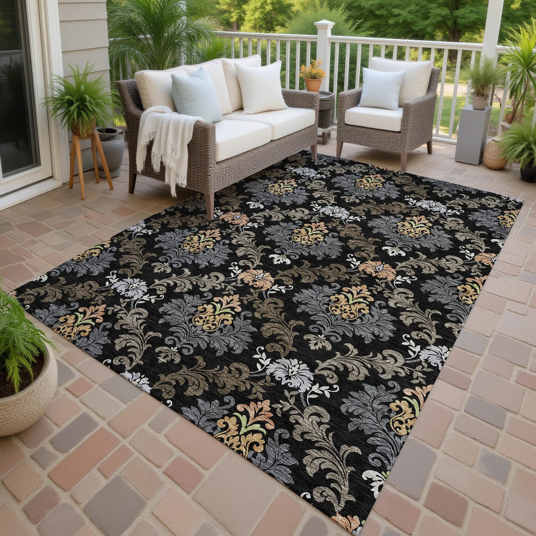 10' X 14' Black And Charcoal Damask Washable Indoor Outdoor Area Rug Homeroots Outdoor