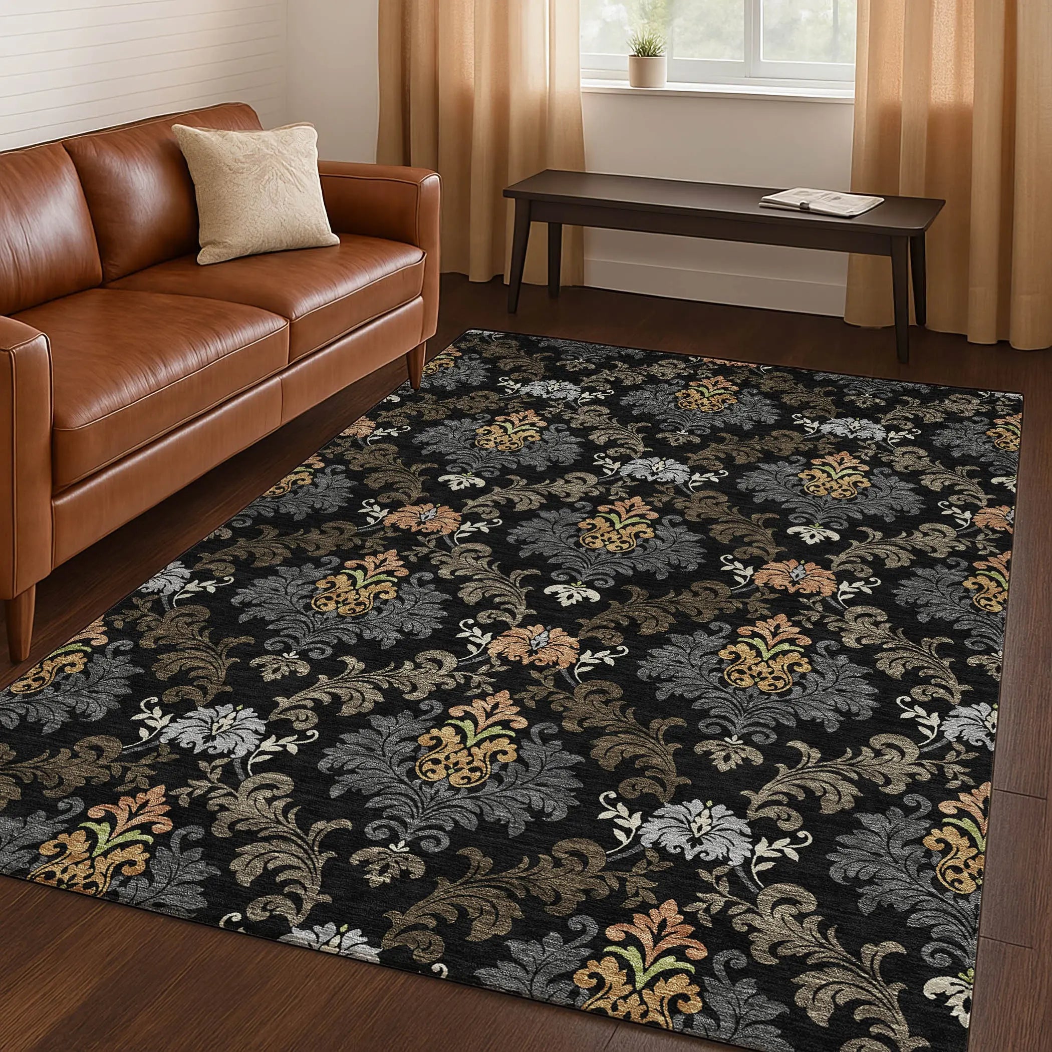 10' X 14' Black And Charcoal Damask Washable Indoor Outdoor Area Rug Homeroots Outdoor
