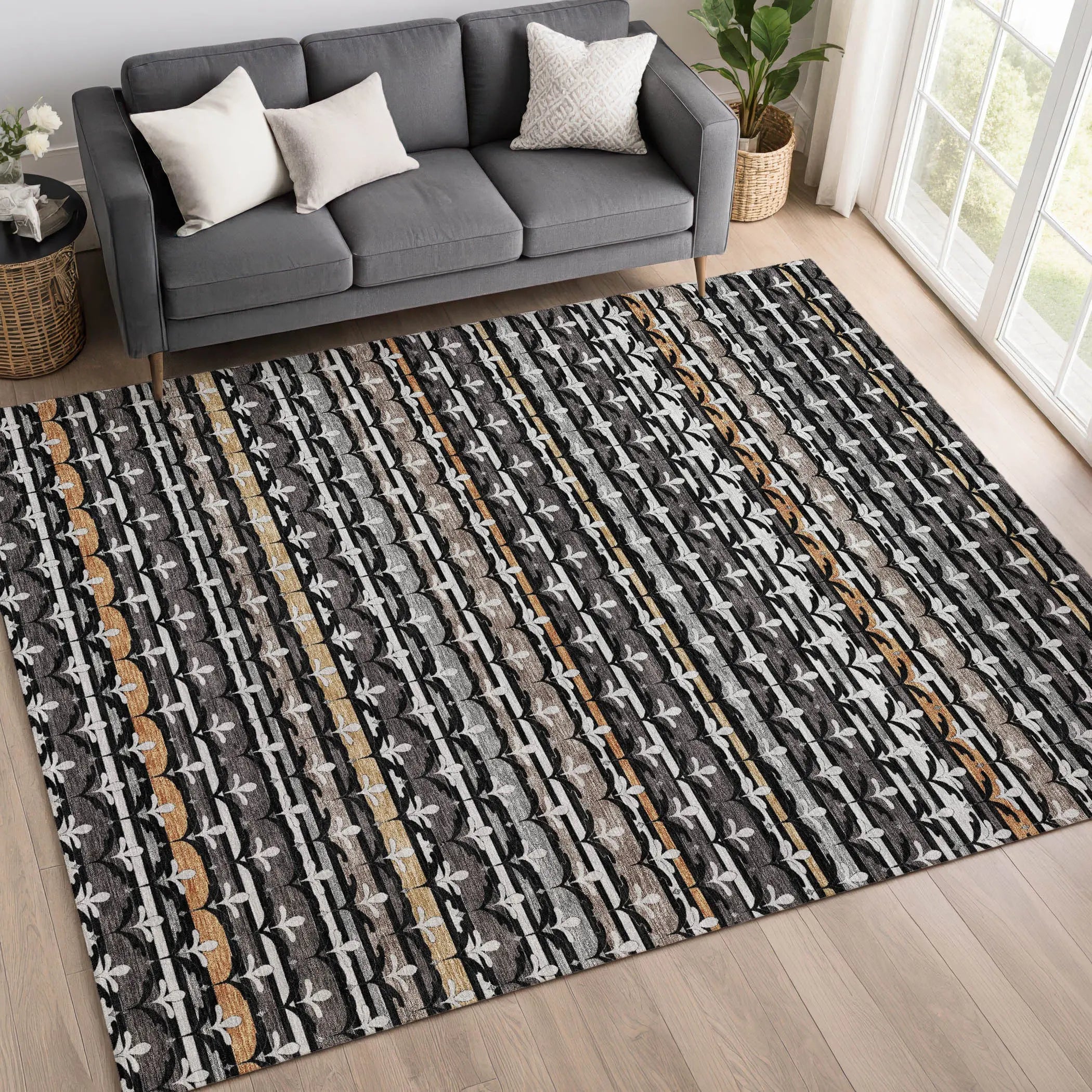 10' X 14' Black And Charcoal Damask Washable Indoor Outdoor Area Rug Homeroots Outdoor