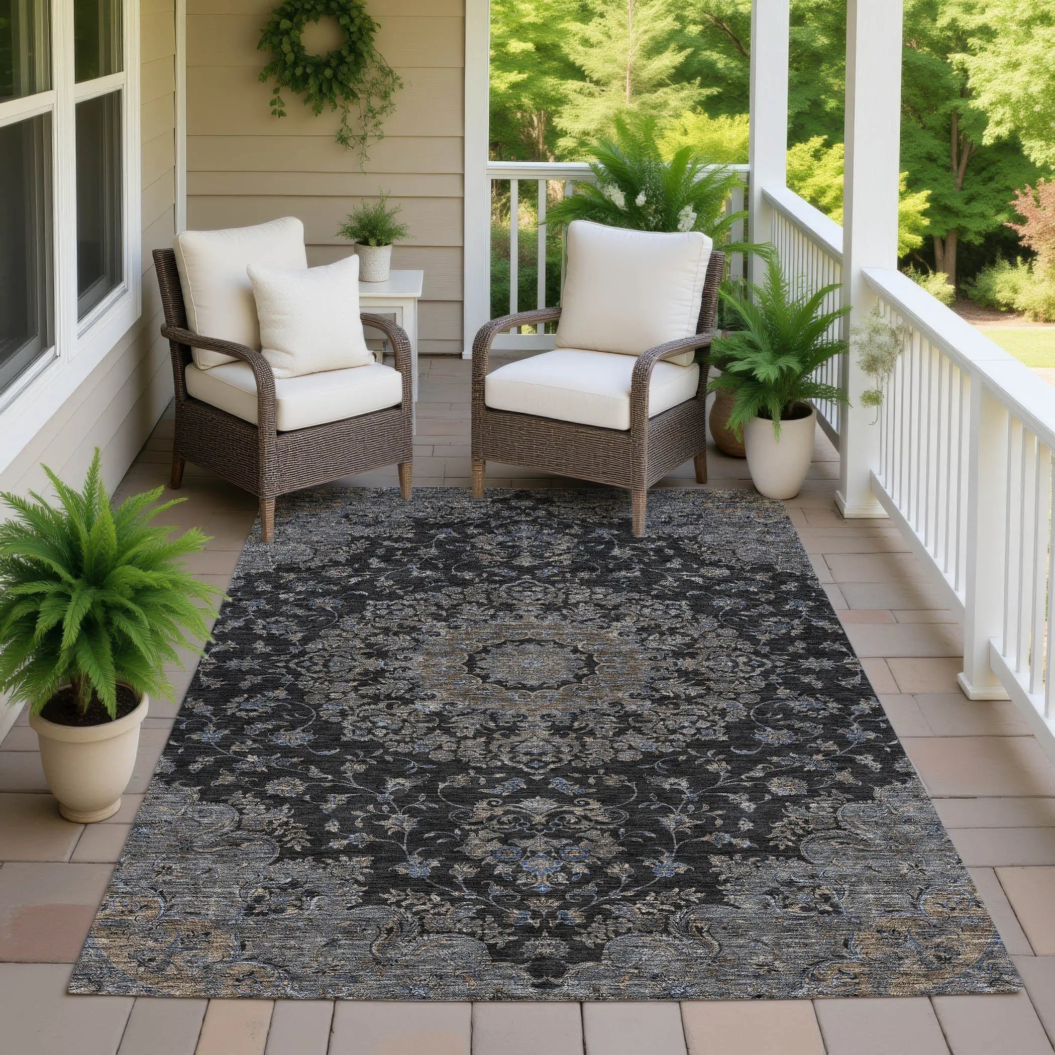 10' X 14' Black And Charcoal Floral Medallion Washable Indoor Outdoor Area Rug Homeroots Outdoor
