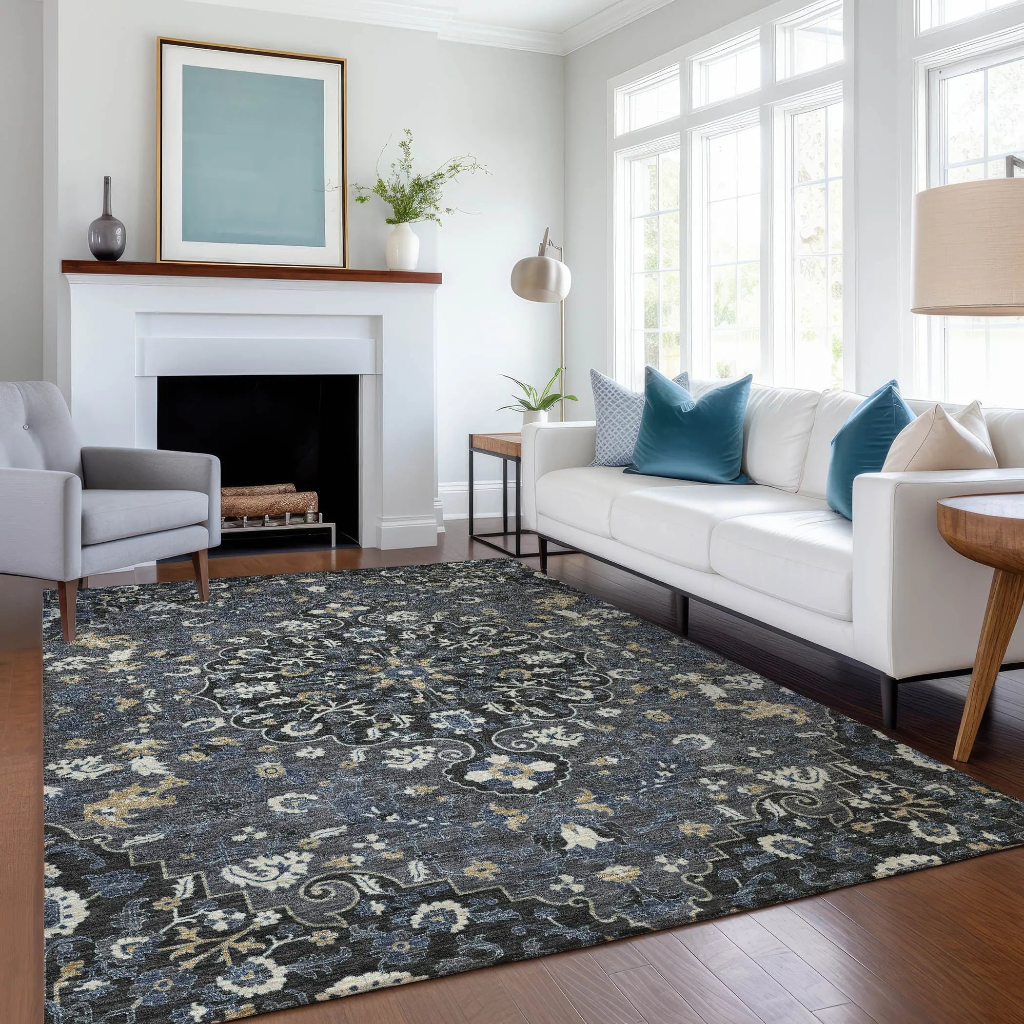 10' X 14' Black And Charcoal Floral Medallion Washable Indoor Outdoor Area Rug Homeroots Outdoor