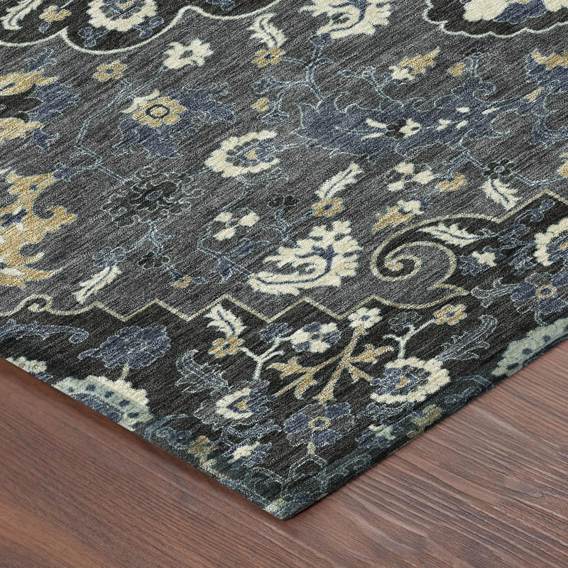 10' X 14' Black And Charcoal Floral Medallion Washable Indoor Outdoor Area Rug Homeroots Outdoor