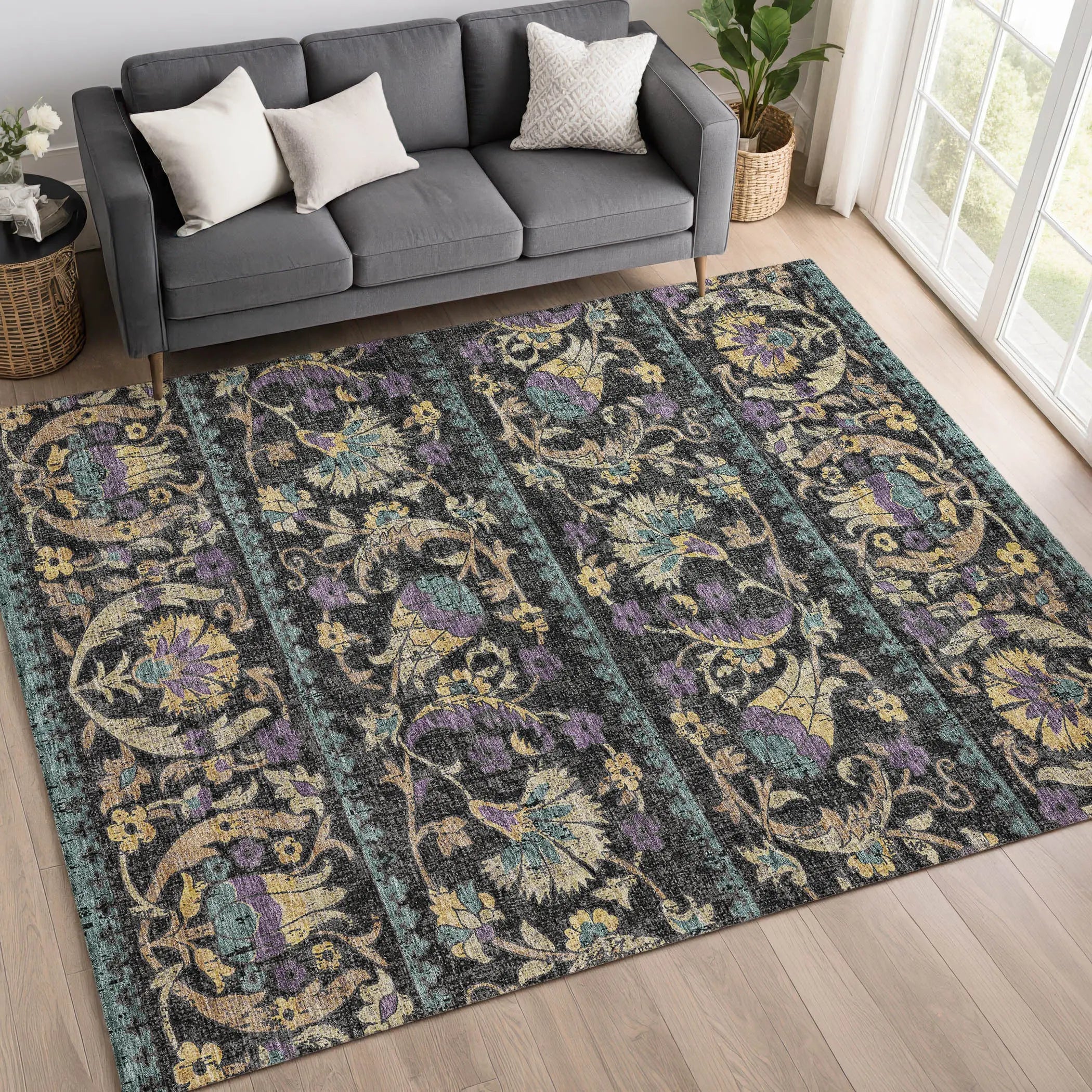 10' X 14' Black And Charcoal Floral Washable Indoor Outdoor Area Rug Homeroots Outdoor