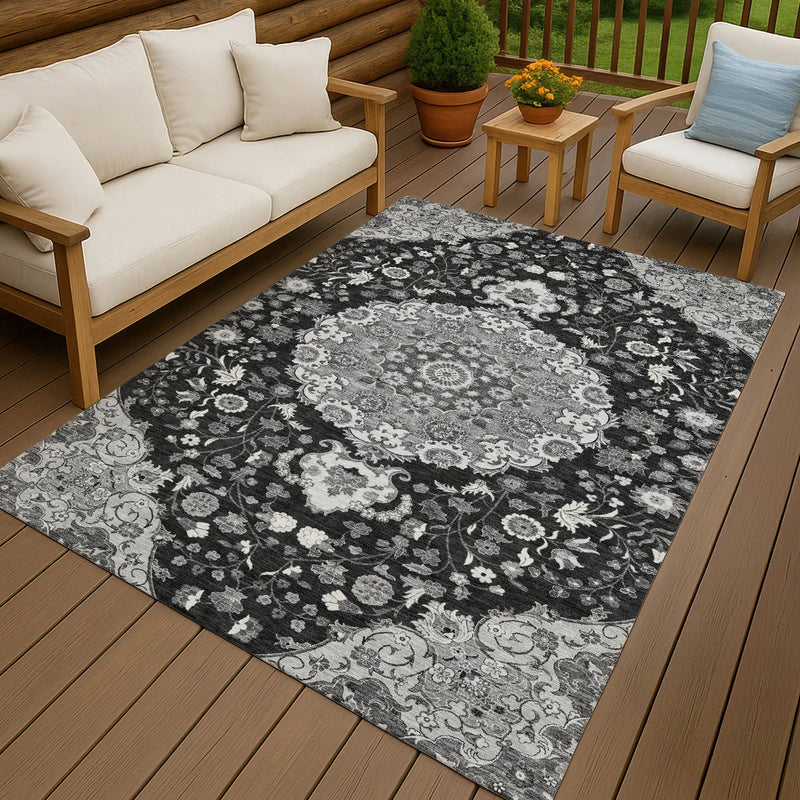 10' X 14' Black And Granite Gray Damask Washable Indoor Outdoor Area Rug Homeroots Outdoor