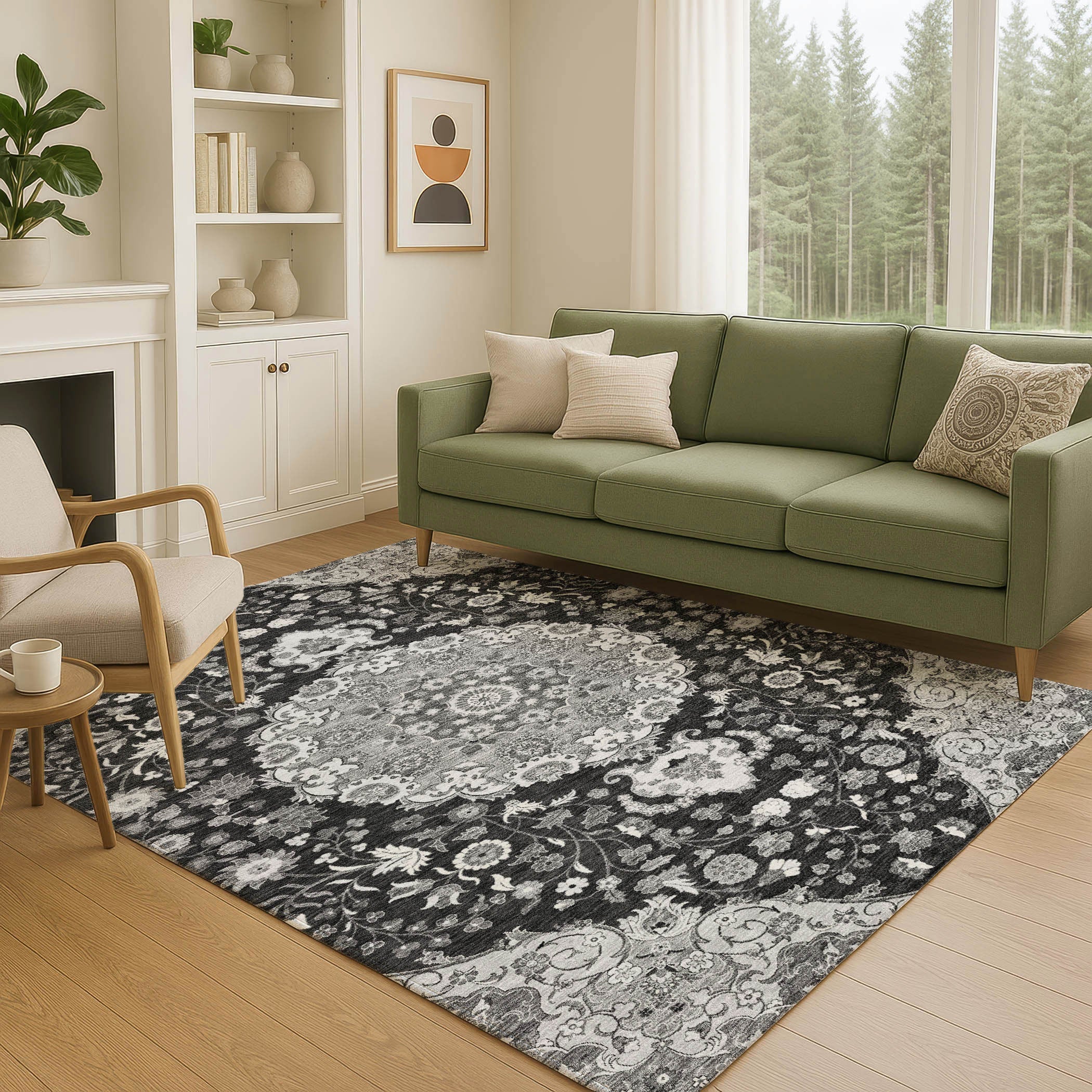 10' X 14' Black And Granite Gray Damask Washable Indoor Outdoor Area Rug Homeroots Outdoor