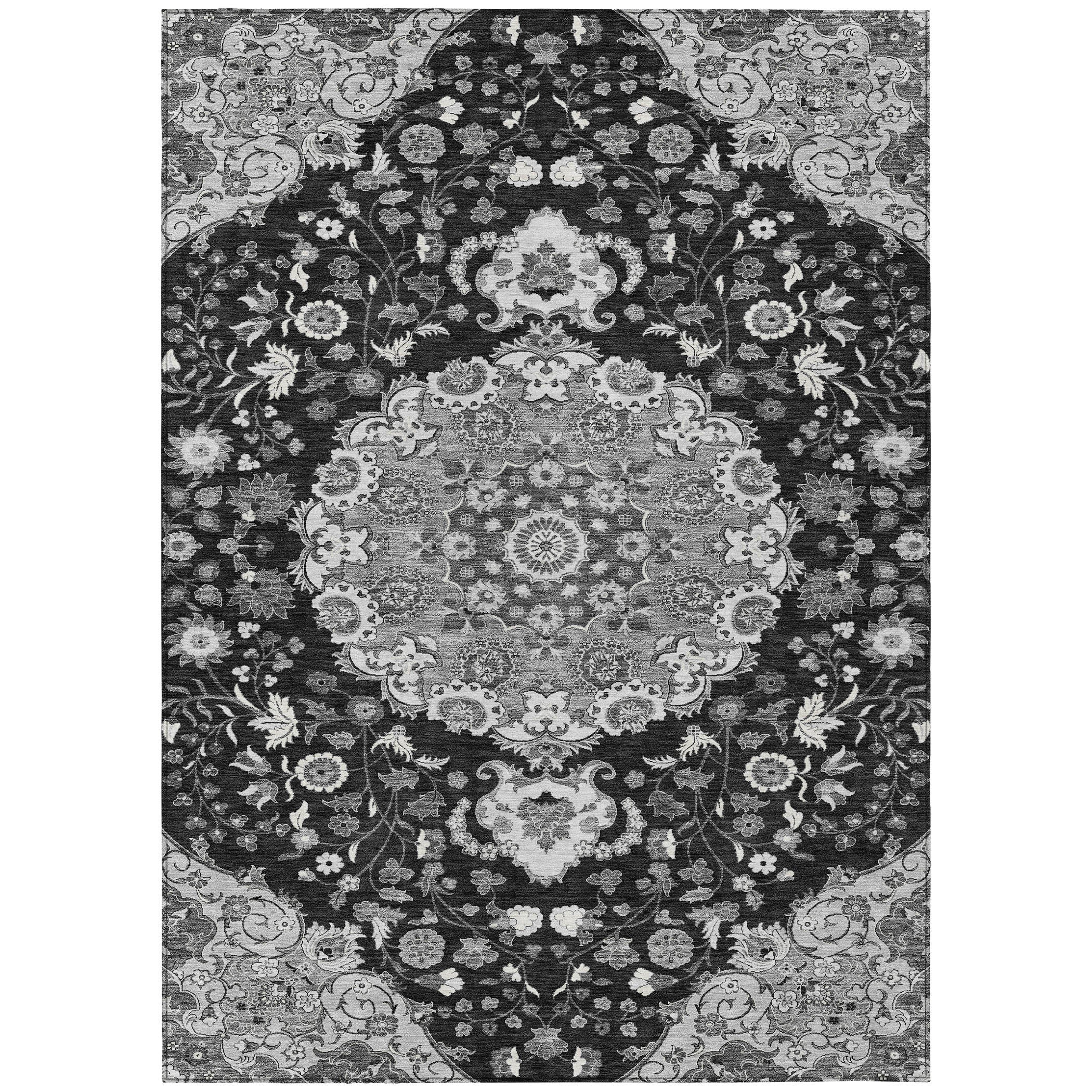 10' X 14' Black And Granite Gray Damask Washable Indoor Outdoor Area Rug Homeroots Outdoor