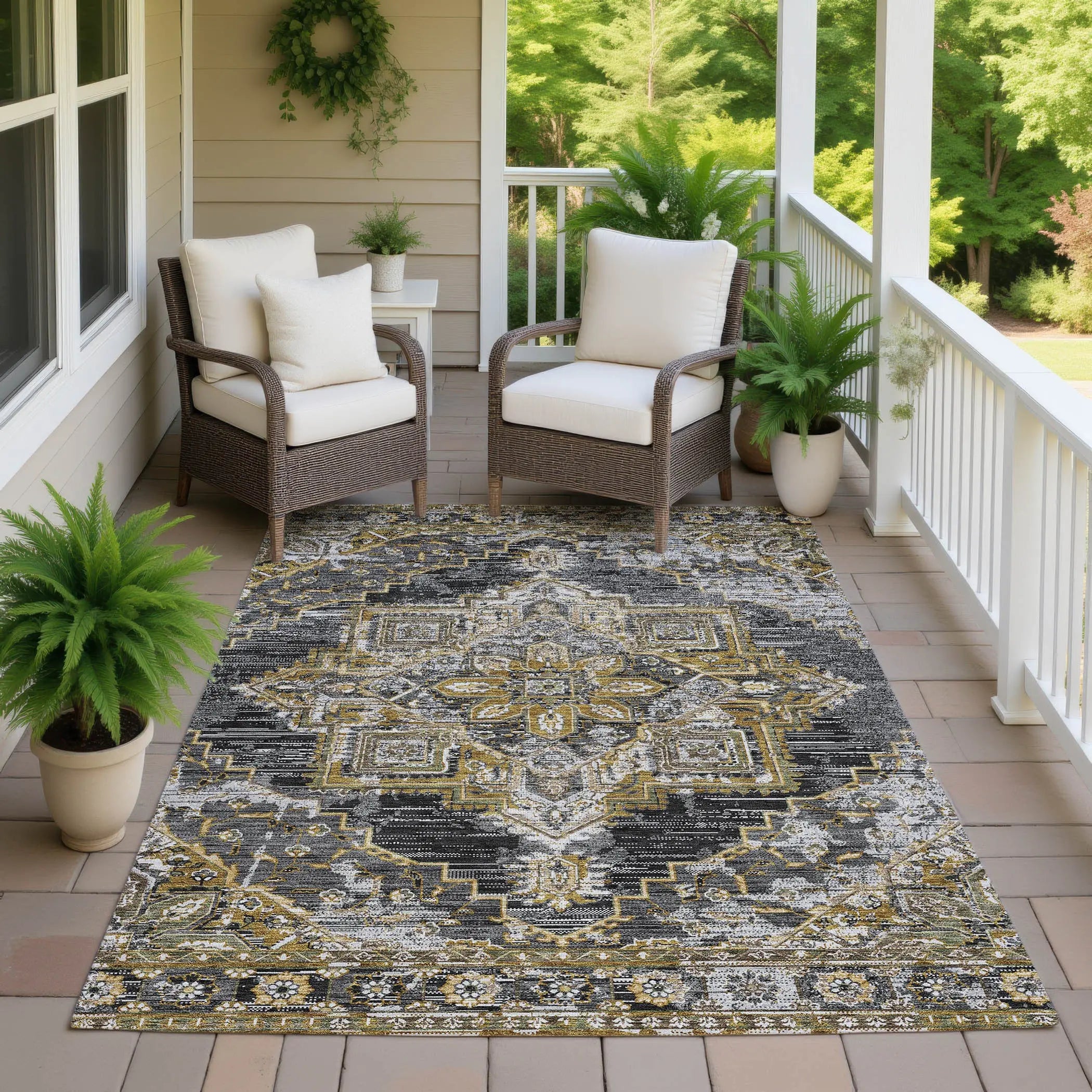 10' X 14' Black And Granite Gray Oriental Washable Indoor Outdoor Area Rug Homeroots Outdoor